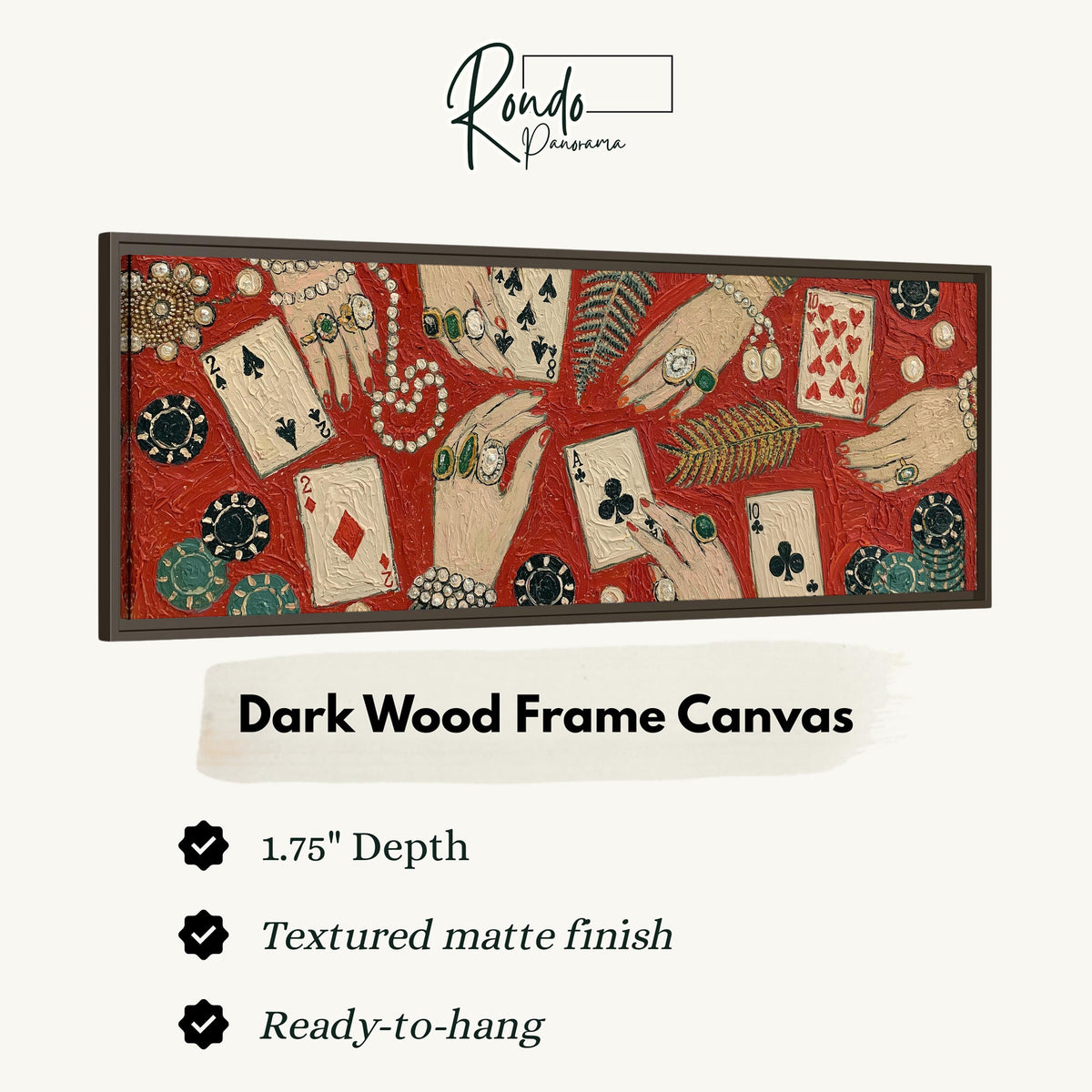 Playing cards, chips and jeweled hands canvas print in a dark wood floating frame