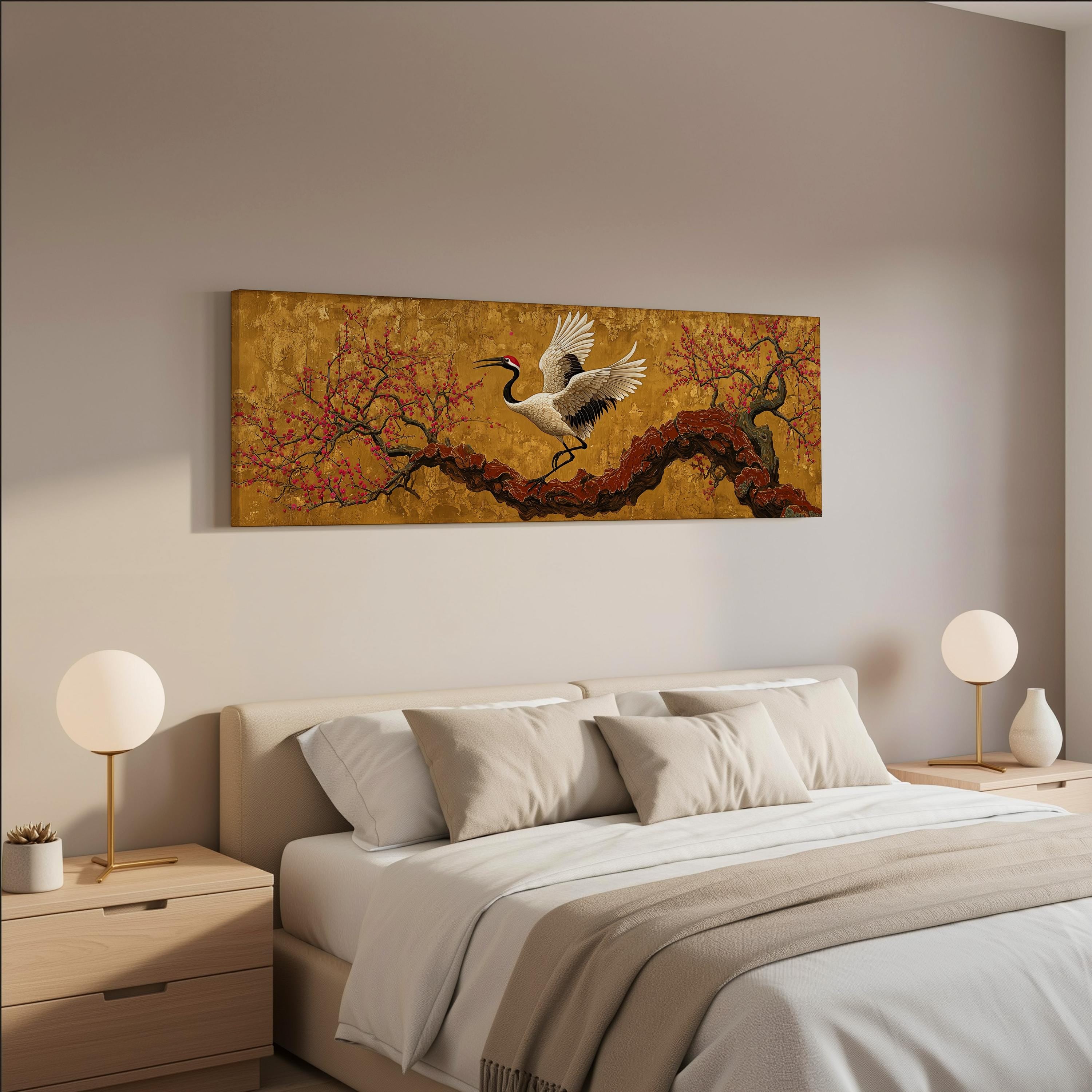 a serene bedroom scene with a large bed adorned with white linens and beige throw pillows. Above the bed, a large painting of a crane in flight is displayed on the wall, adding a touch of nature and artistry to the room. The room is well-lit, with two round lamps on either side of the bed providing a warm and inviting ambiance.