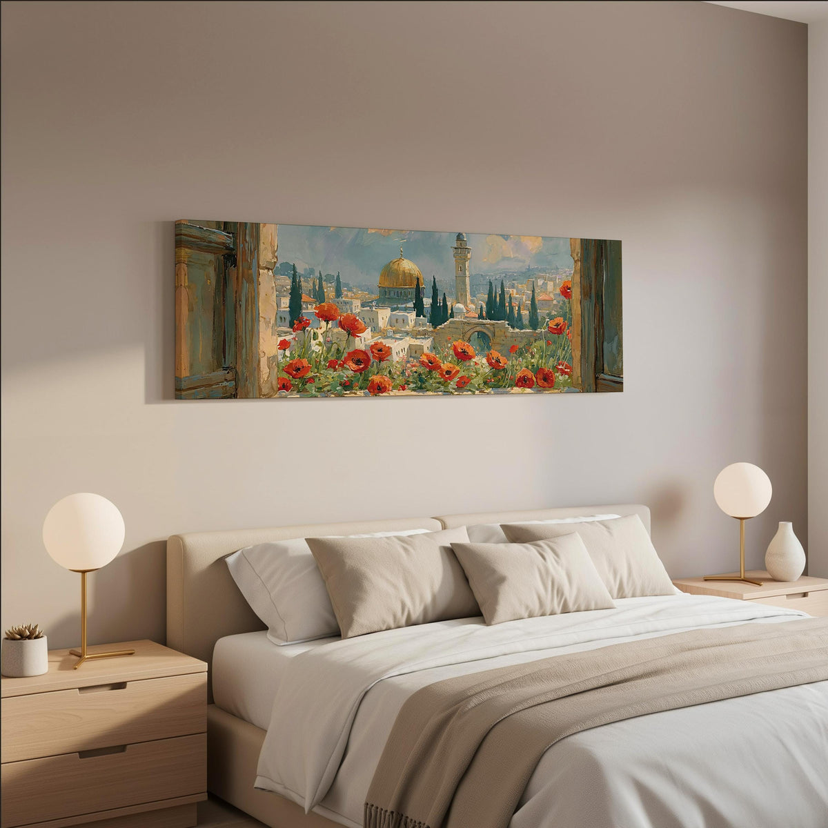 Jerusalem skyline through a window with poppies wide panoramic canvas print above a bed in a neutral bedroom