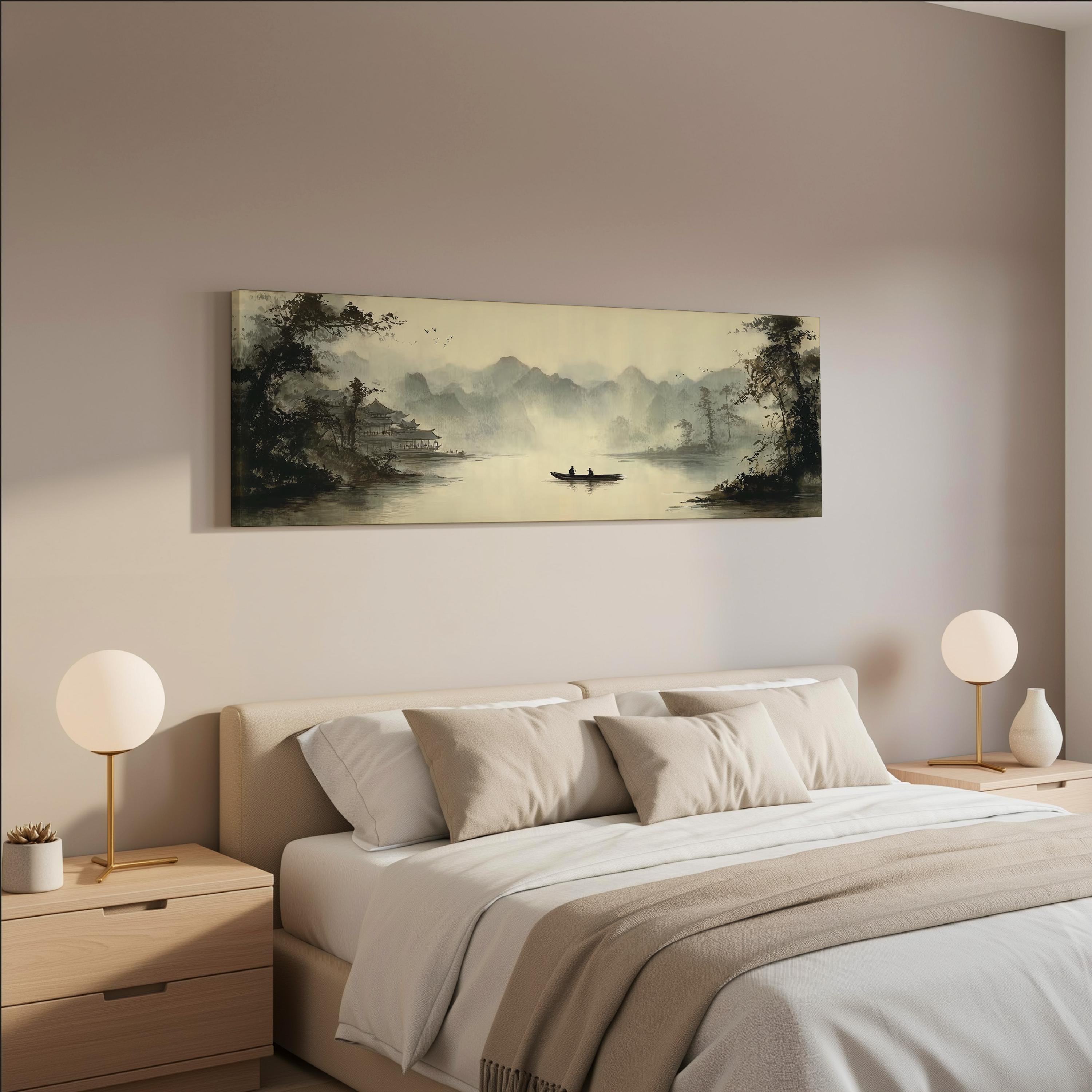 a serene bedroom scene with a large bed, two nightstands with lamps, and a painting of a landscape featuring a boat on a lake.