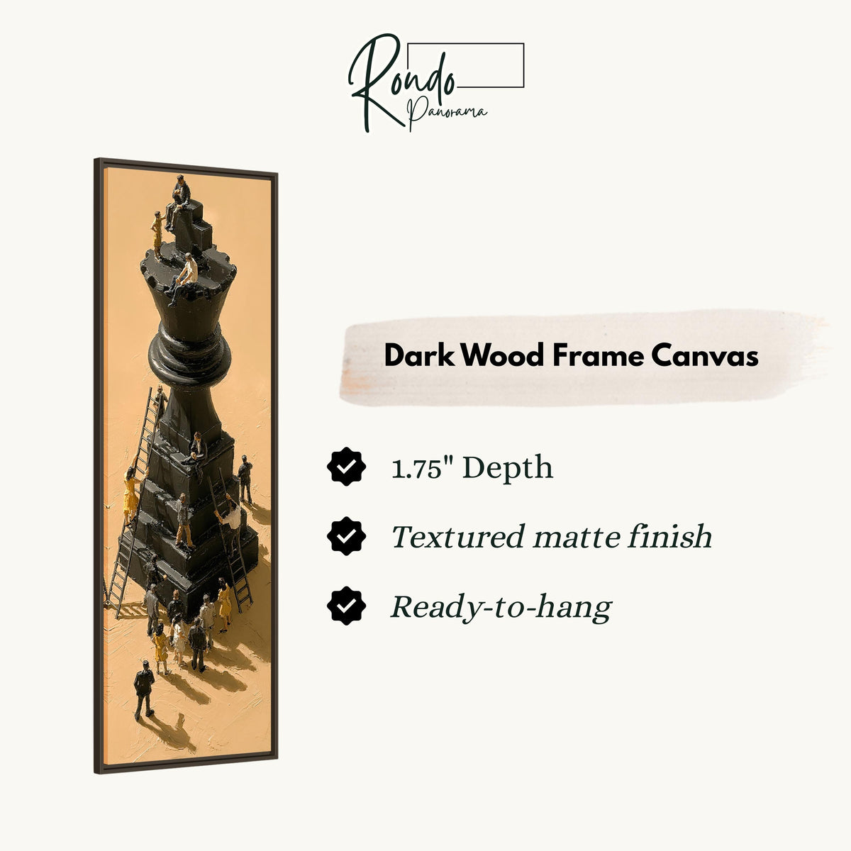 Tiny workers climbing a giant chess king canvas print in a dark wood floating frame