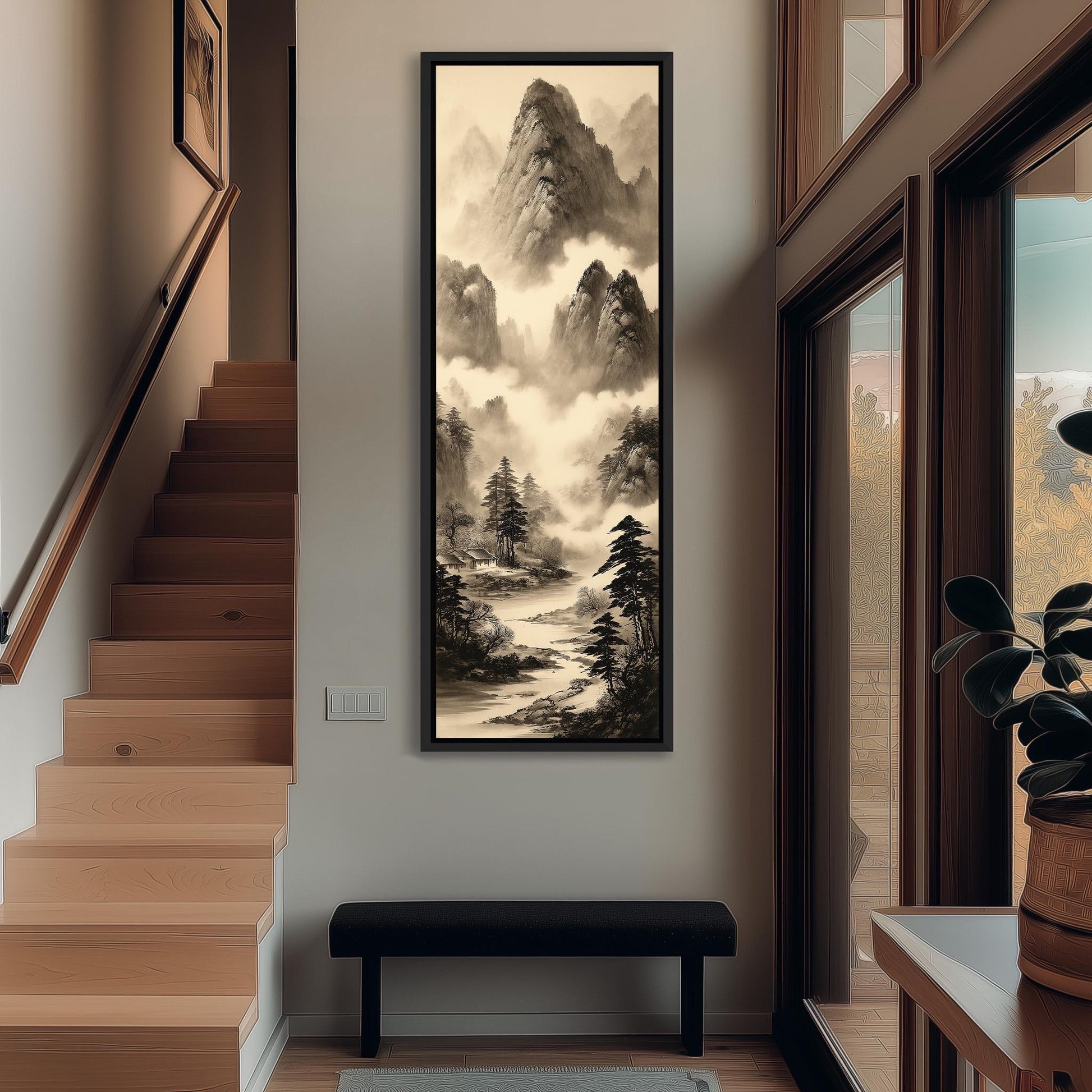 a hallway with a large black and white landscape painting hanging on the wall, depicting a mountain scene with a winding river and lush vegetation. The hallway has wooden stairs leading up to a door, and there is a bench in the foreground. A potted plant is visible on the right side of the image.