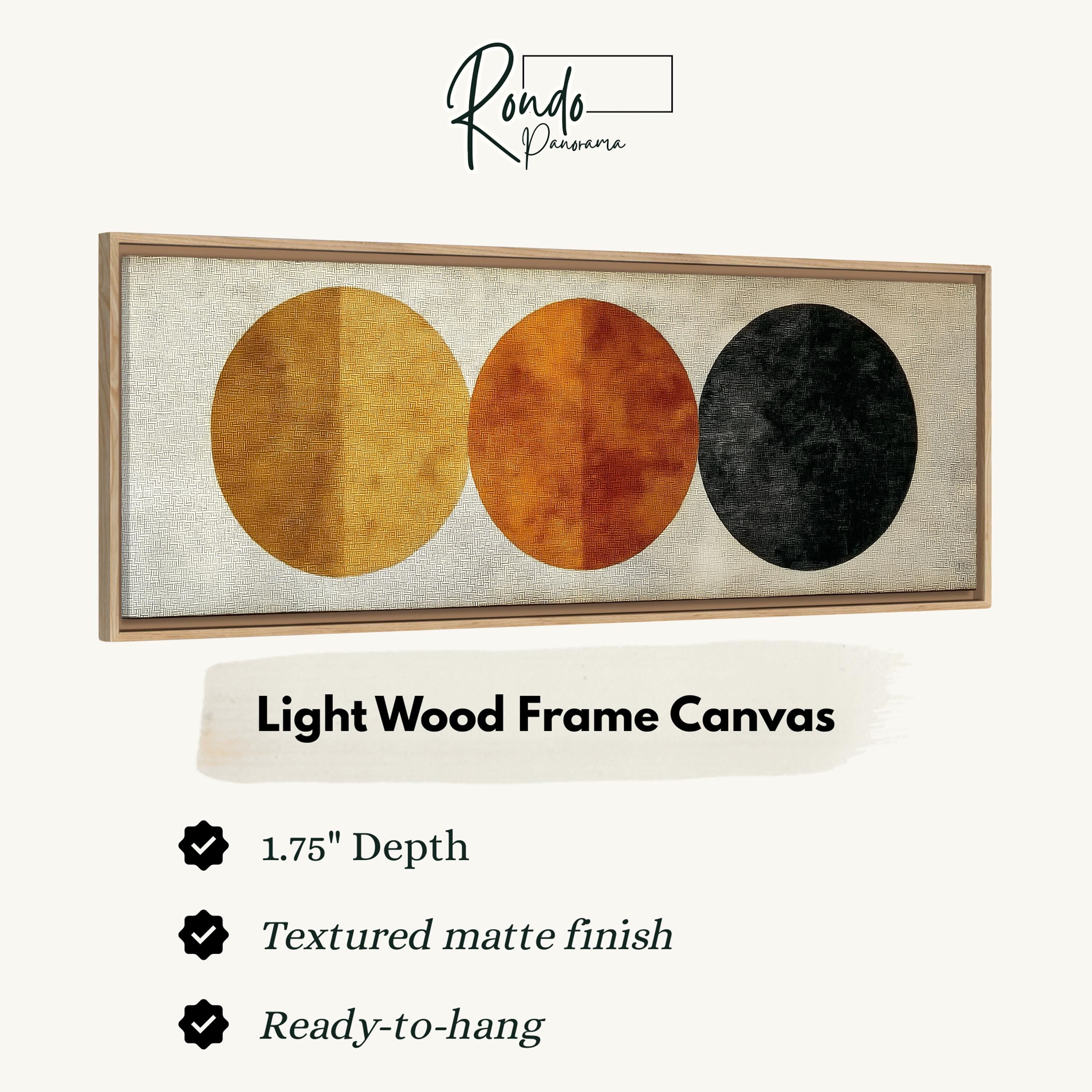 The image is a light wood frame canvas with three circles of different sizes and colors, which are arranged in a frame.