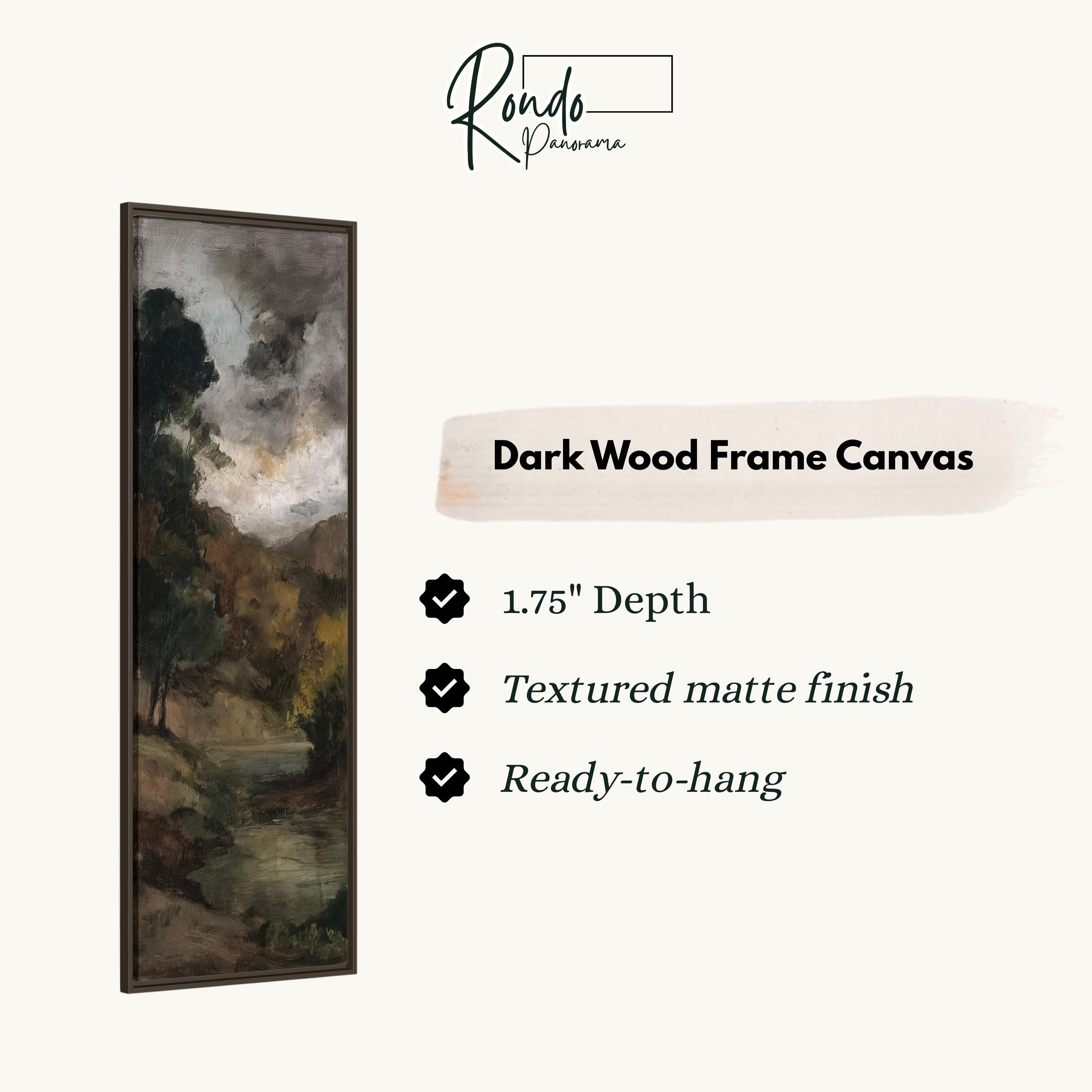 The image is a dark wood frame canvas with a painting of a landscape depicting a river and trees.