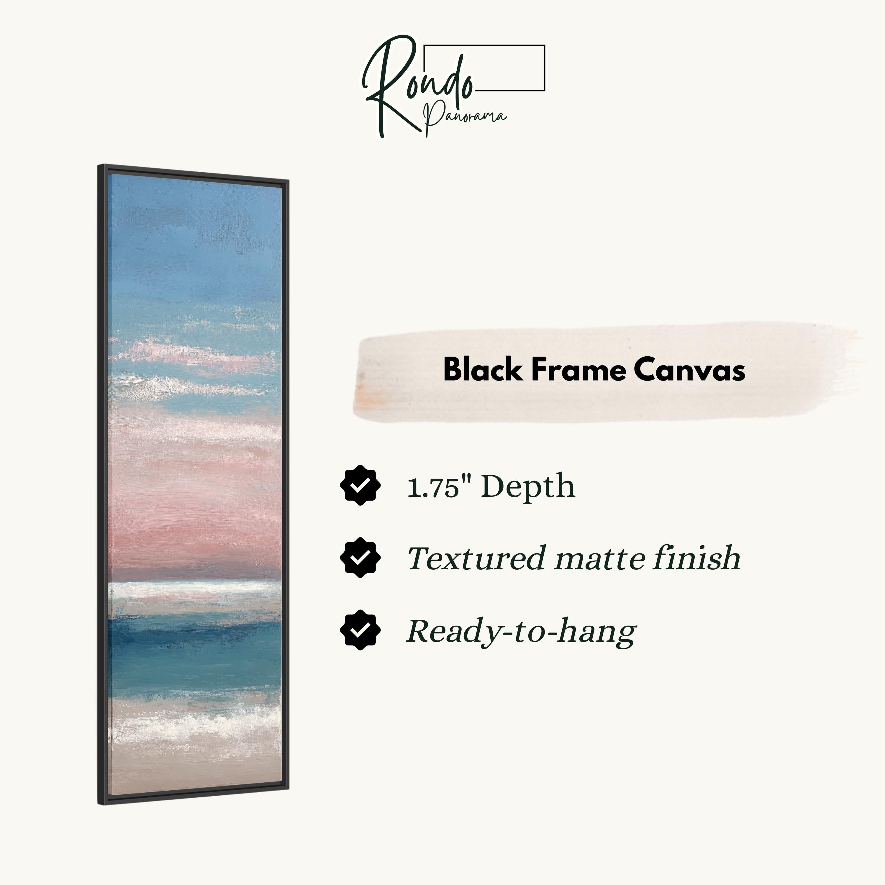 The image is a product description for a black frame canvas. It features a painting of a beach scene with a pink and blue sky. The canvas has a 1.75" depth, a textured matte finish, and is ready to hang.