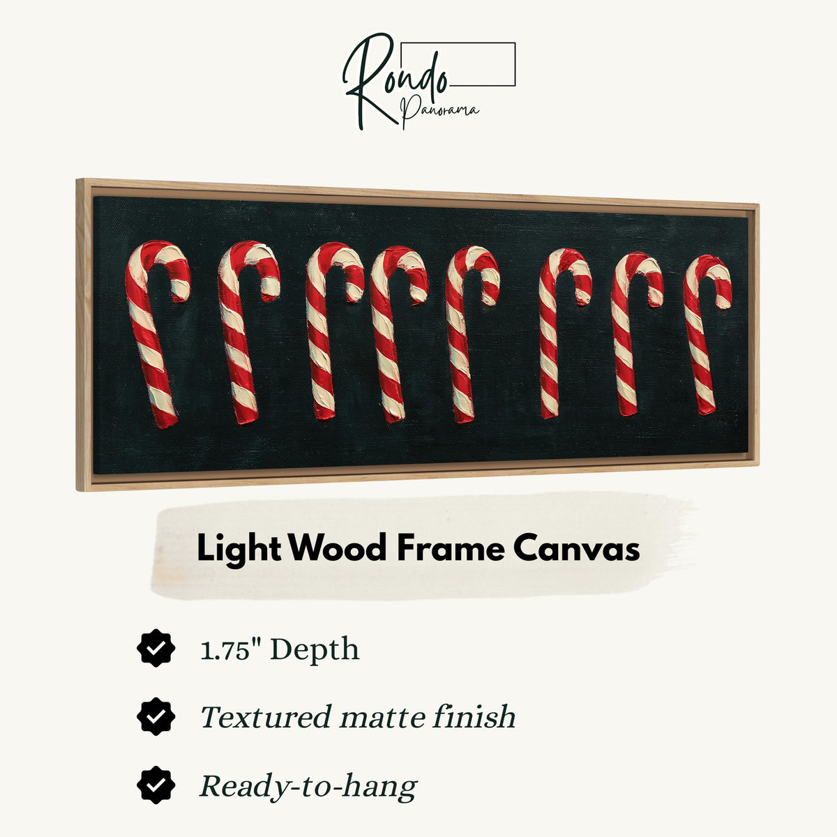 Row of candy canes on black canvas print in a light wood floating frame