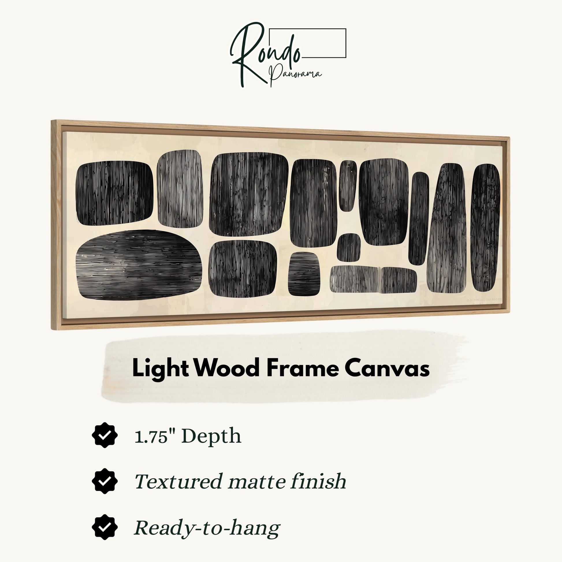 The image is a product description for a light wood frame canvas. It features a 1.75" depth, a textured matte finish, and is ready-to-hang.