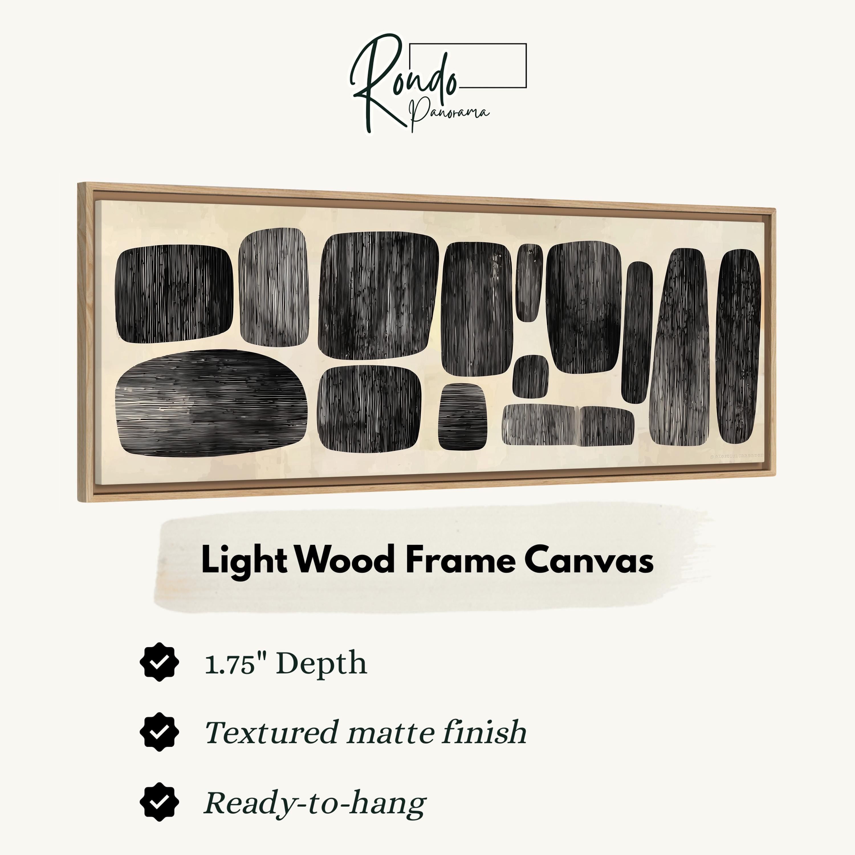 The image is a product description for a light wood frame canvas. It features a 1.75" depth, a textured matte finish, and is ready-to-hang.
