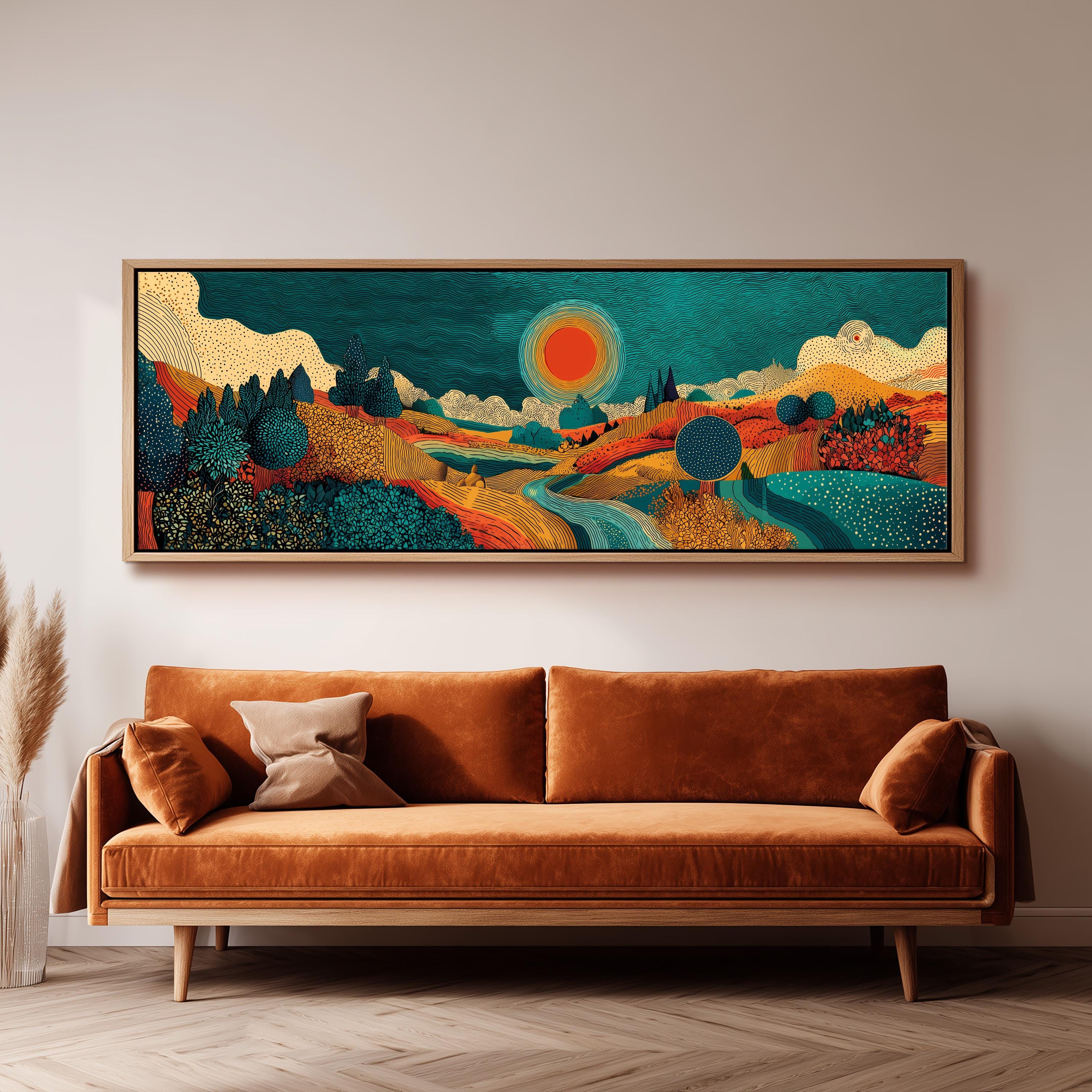a large, colorful landscape painting hanging on a wall above a brown sofa.