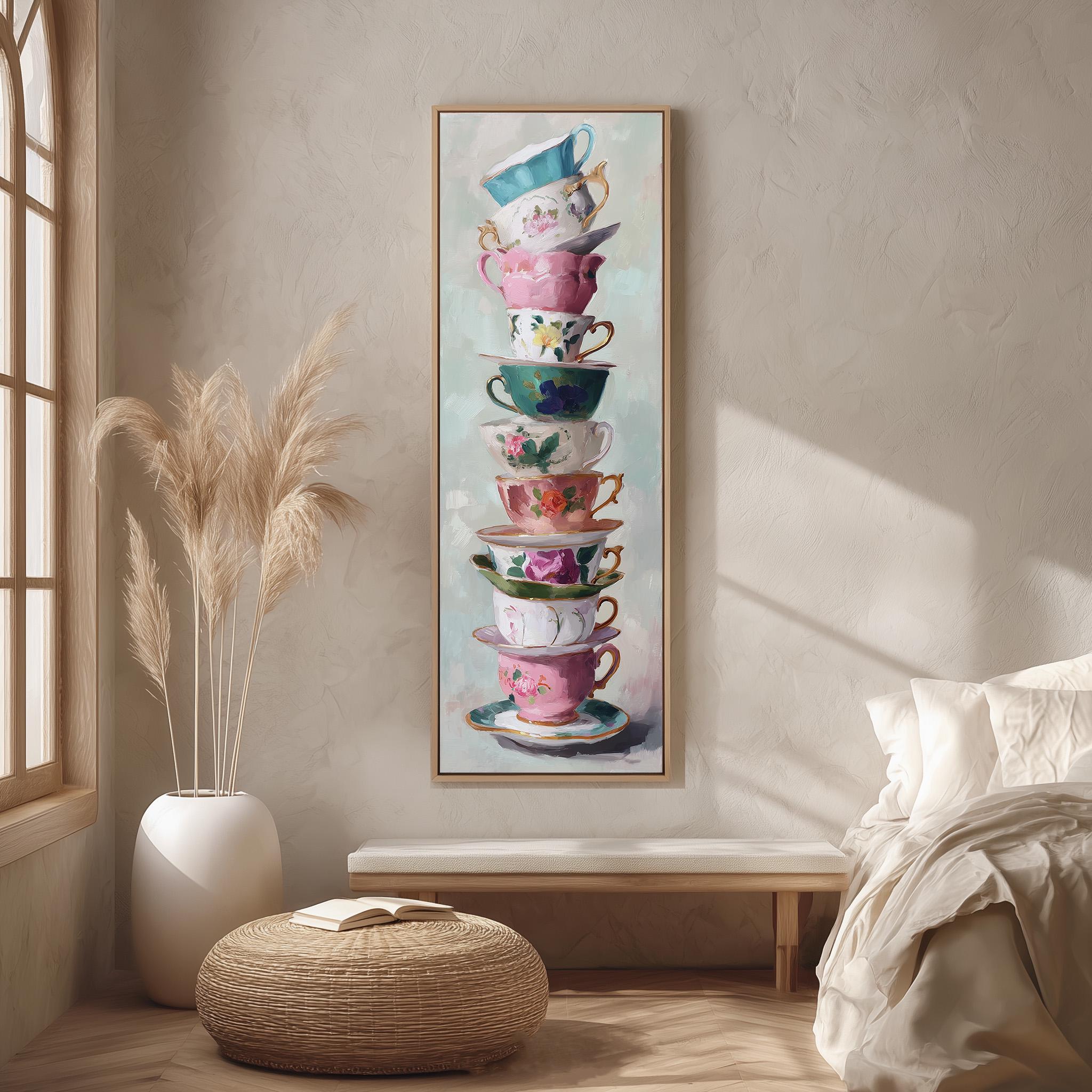 a large painting of a stack of colorful teacups on a wall, with a cozy bedroom setting in the background.