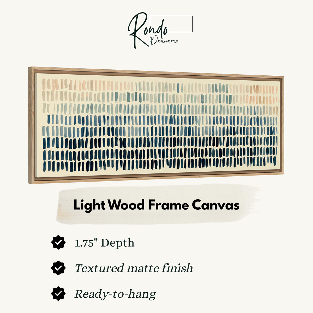 Brushmarks fading from peach to navy canvas print in a light wood floating frame