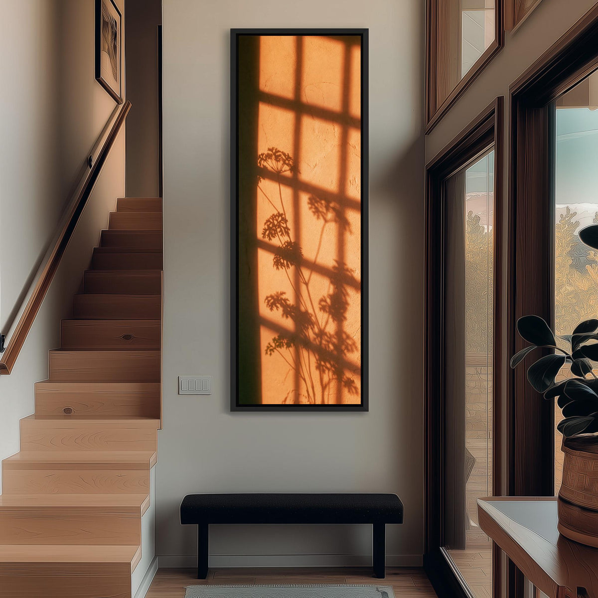 Window grid and plant shadow on a terracotta wall tall narrow canvas print beside a staircase in an entryway