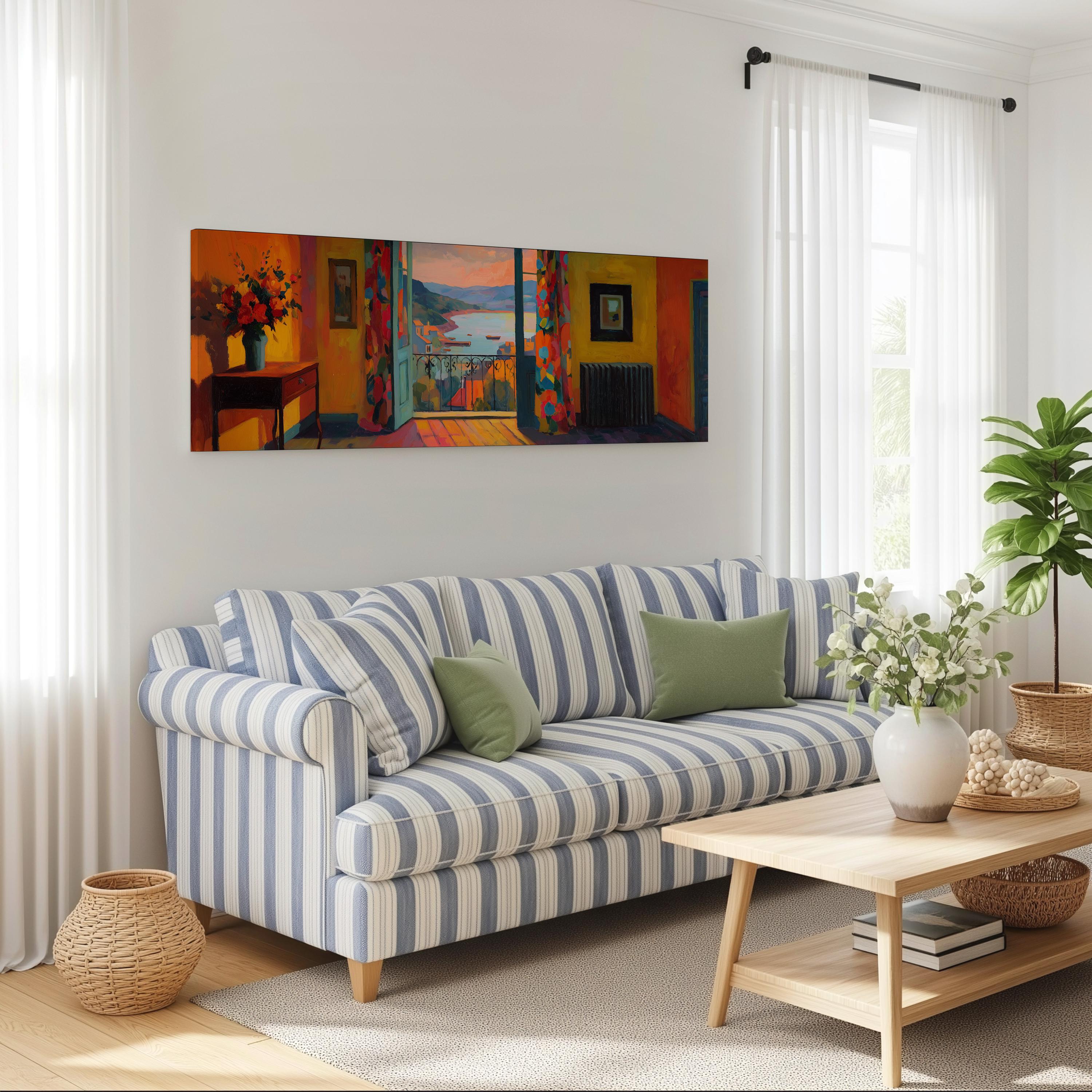 a cozy living room with a striped blue and white sofa, a wooden coffee table, and a large window with white curtains. Above the sofa, there is a large painting depicting a colorful coastal scene.