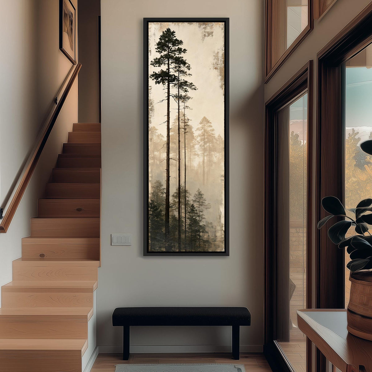 Tall pines in fog tall narrow canvas print beside a staircase in an entryway