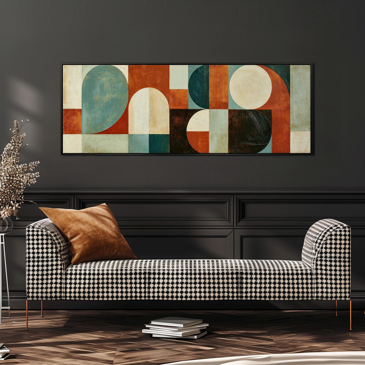 Teal and rust arch and circle shapes wide panoramic canvas print above a bench in a dark living room