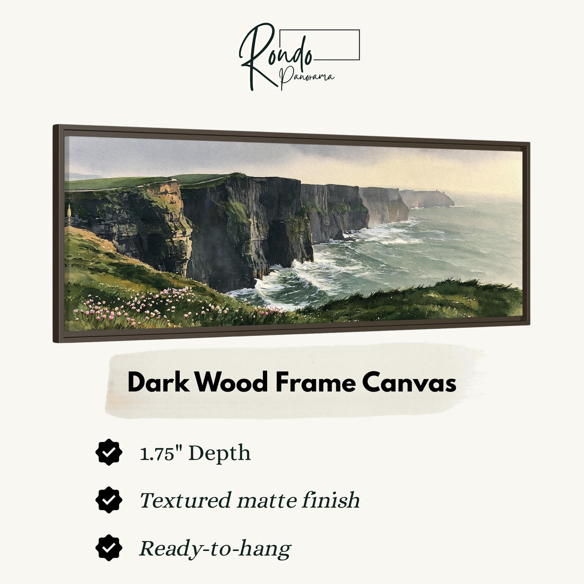 Green sea cliffs with wildflowers canvas print in a dark wood floating frame