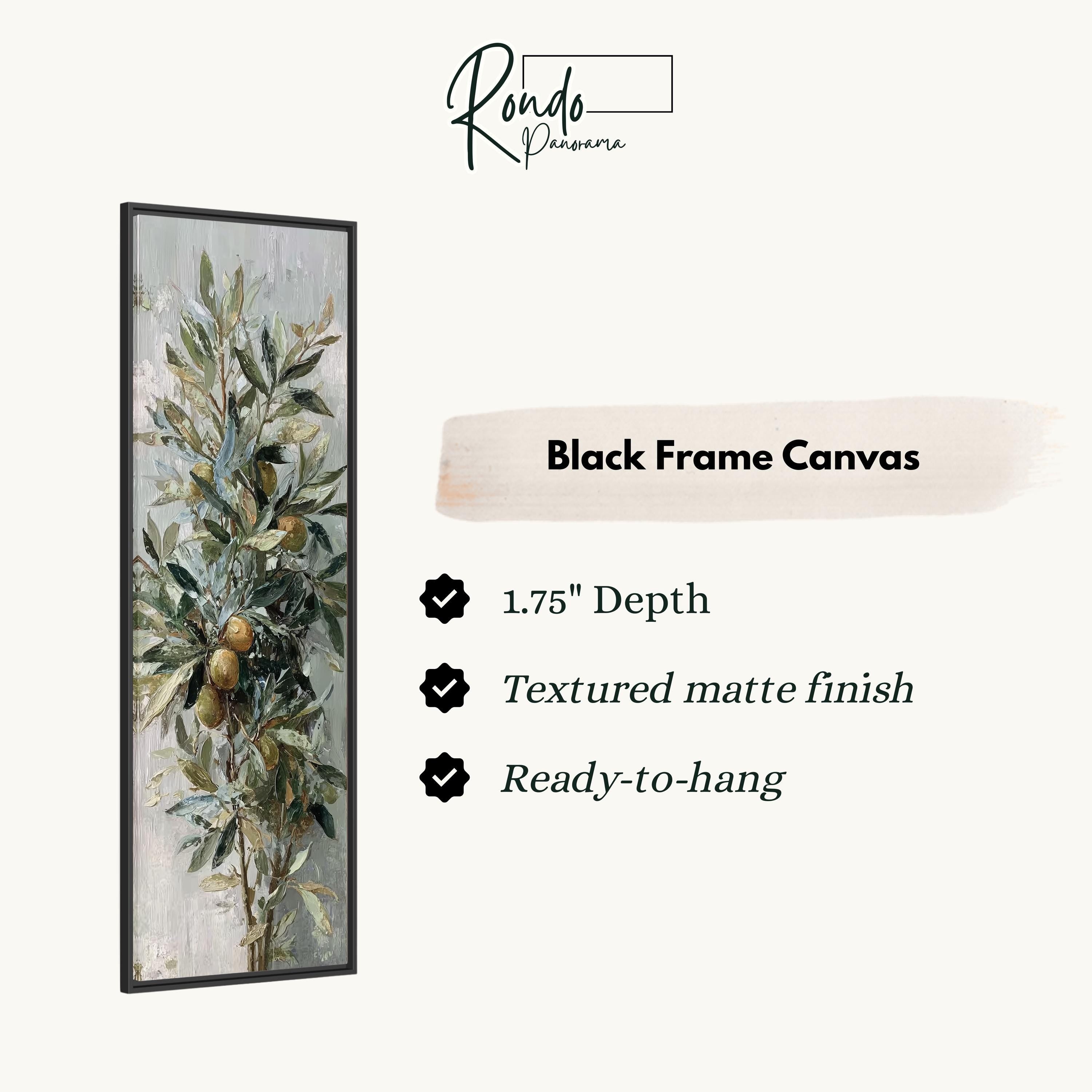 The image is a black frame canvas with a painting of a tree and leaves on it. The canvas is described as having a 1.75" depth, a textured matte finish, and is ready to hang.