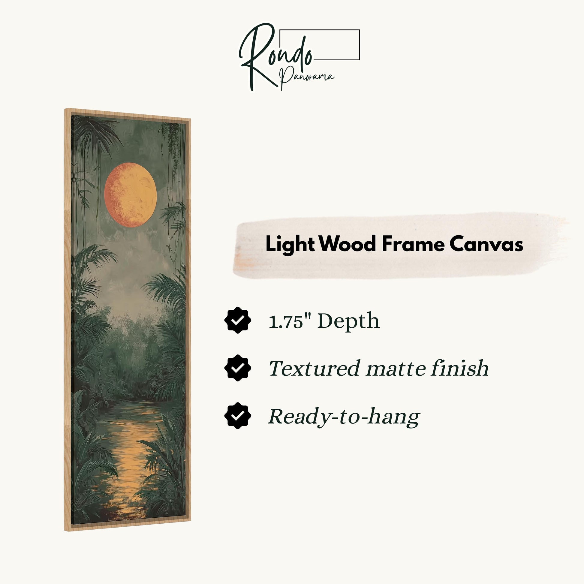 The image is a light wood frame canvas depicting a tropical jungle scene with a large orange sun in the sky.
