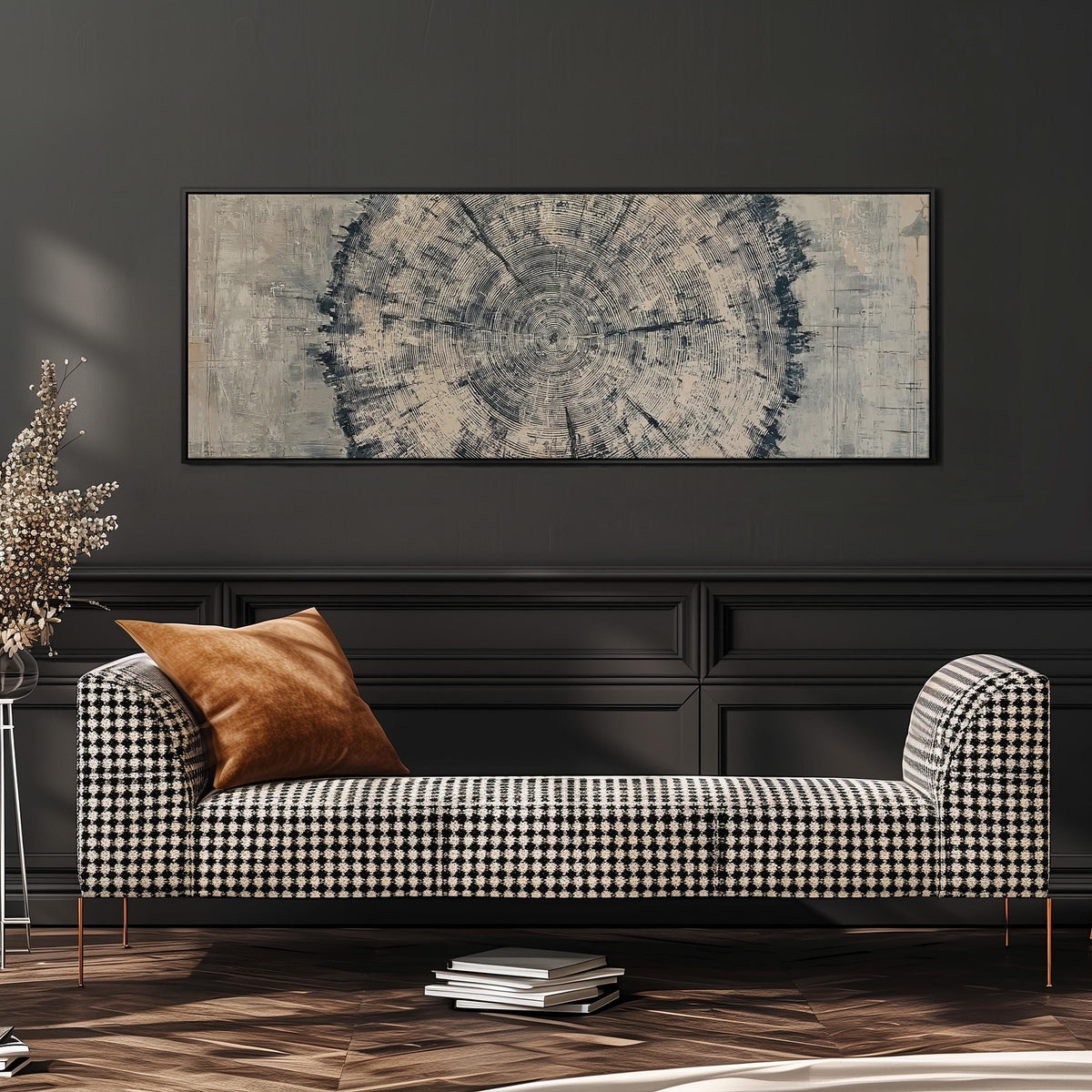 Navy ink tree ring wide panoramic canvas print above a bench in a dark living room