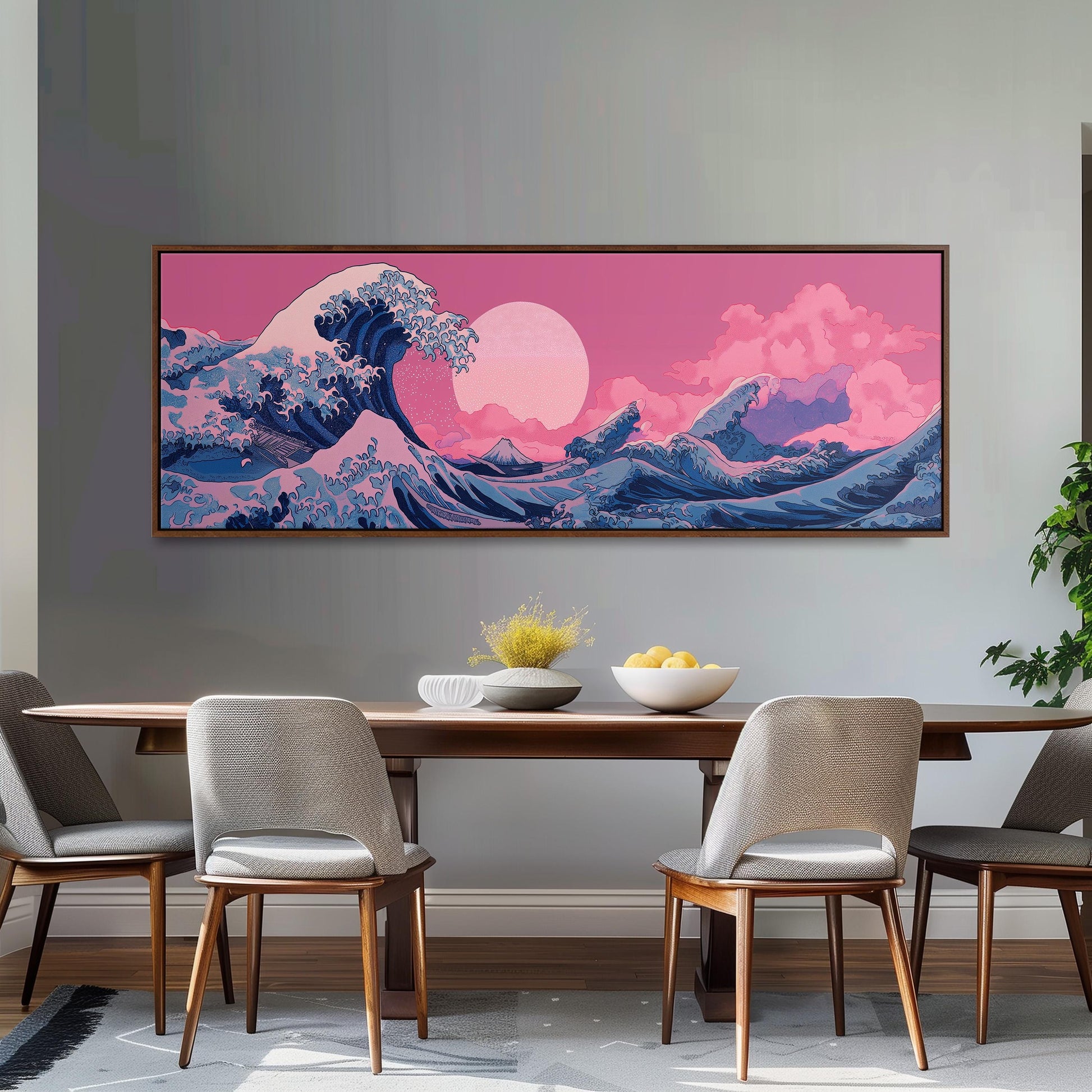 a large, colorful painting of a wave on the wall above a wooden dining table with four chairs.
