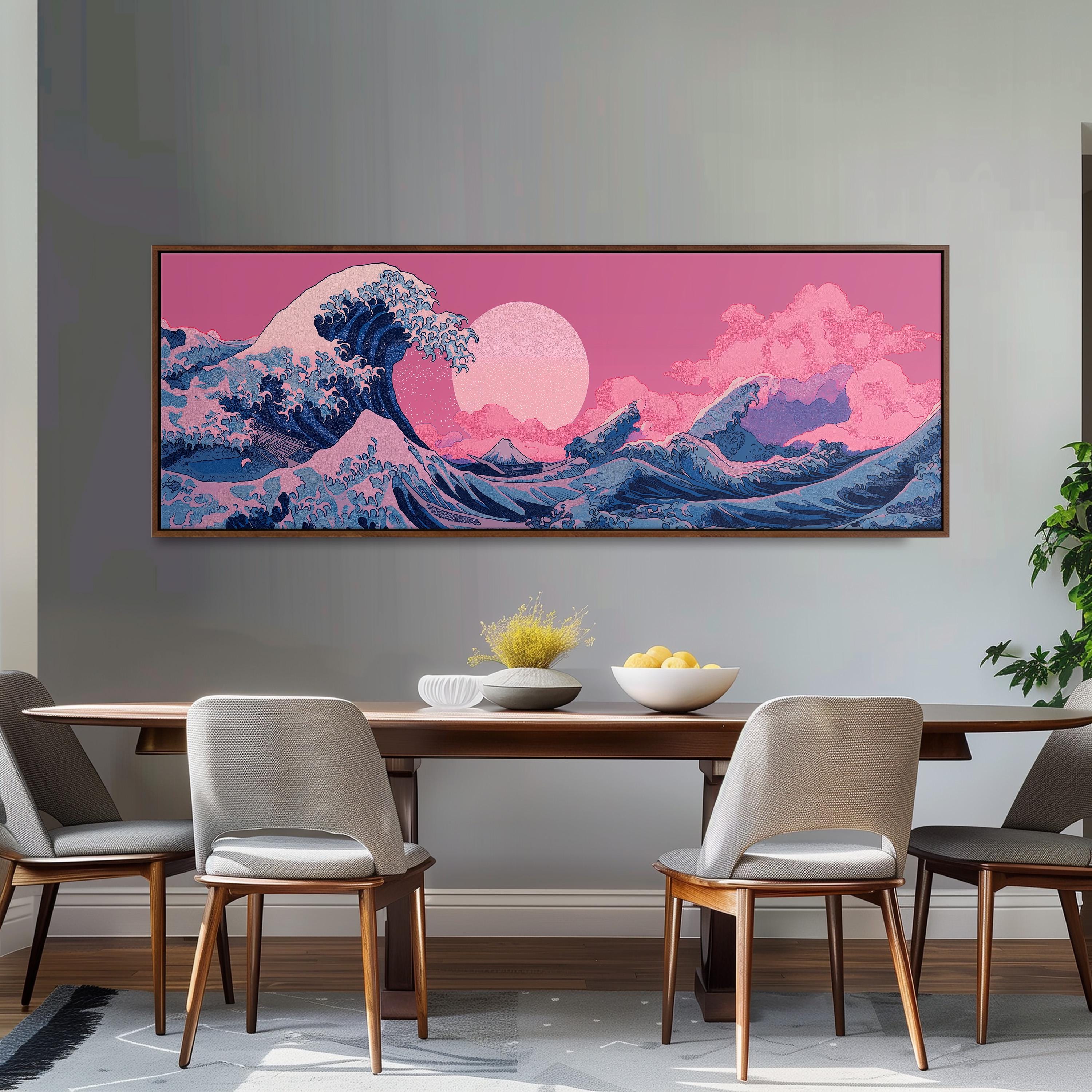 a large, colorful painting of a wave on the wall above a wooden dining table with four chairs.