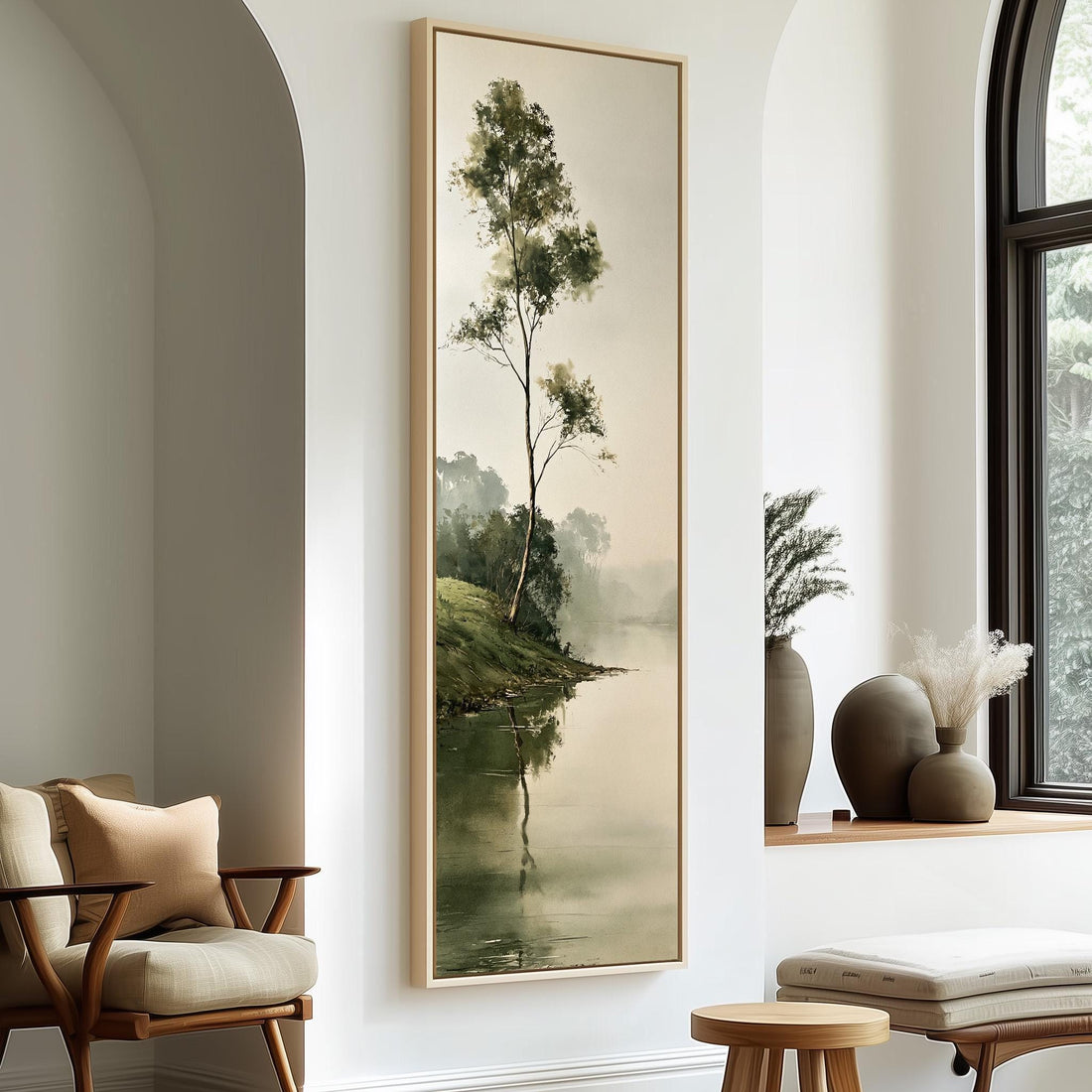 Lone tree by a misty lake long vertical canvas print in a sunlit living space