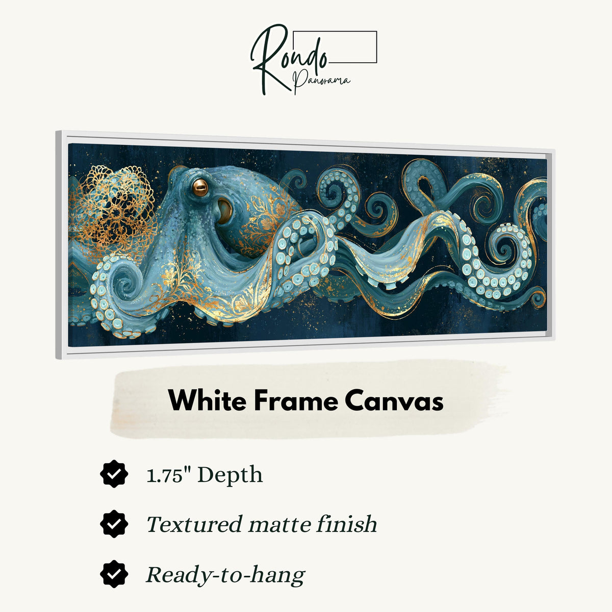 Blue and gold octopus canvas print in a white floating frame