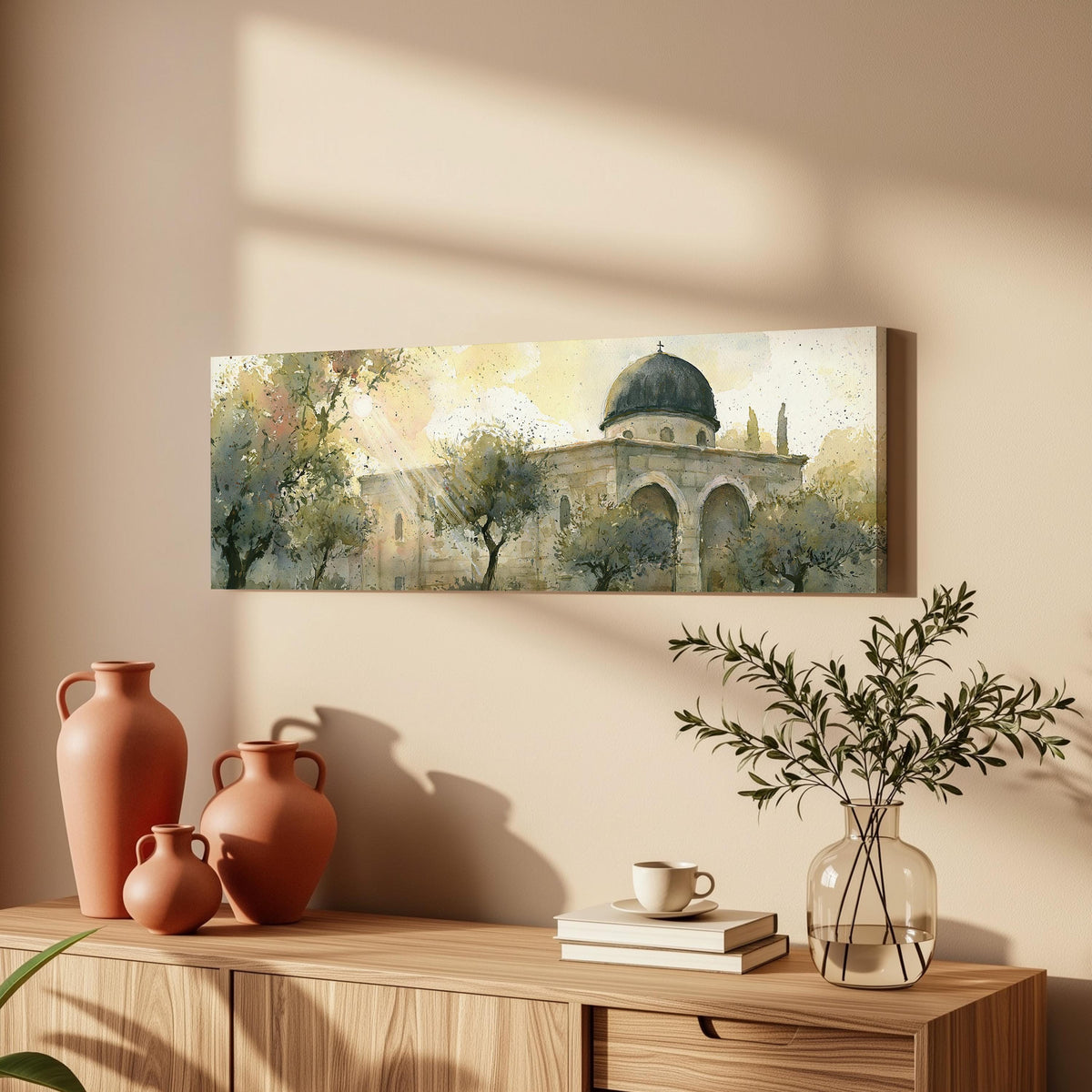 Sunlit dome in an olive grove long horizontal canvas print above a wooden sideboard
