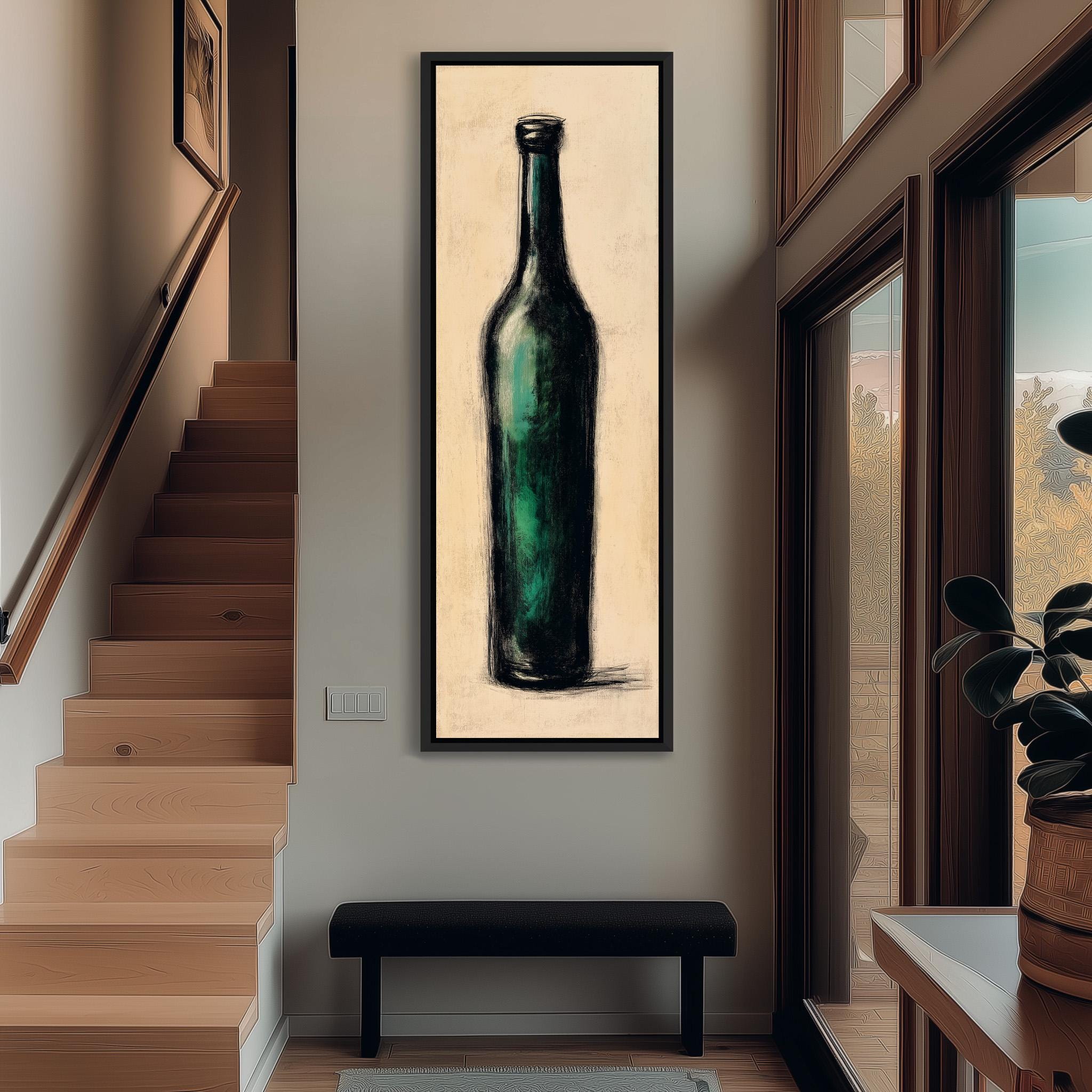 a large painting of a green bottle hanging on the wall of a hallway.