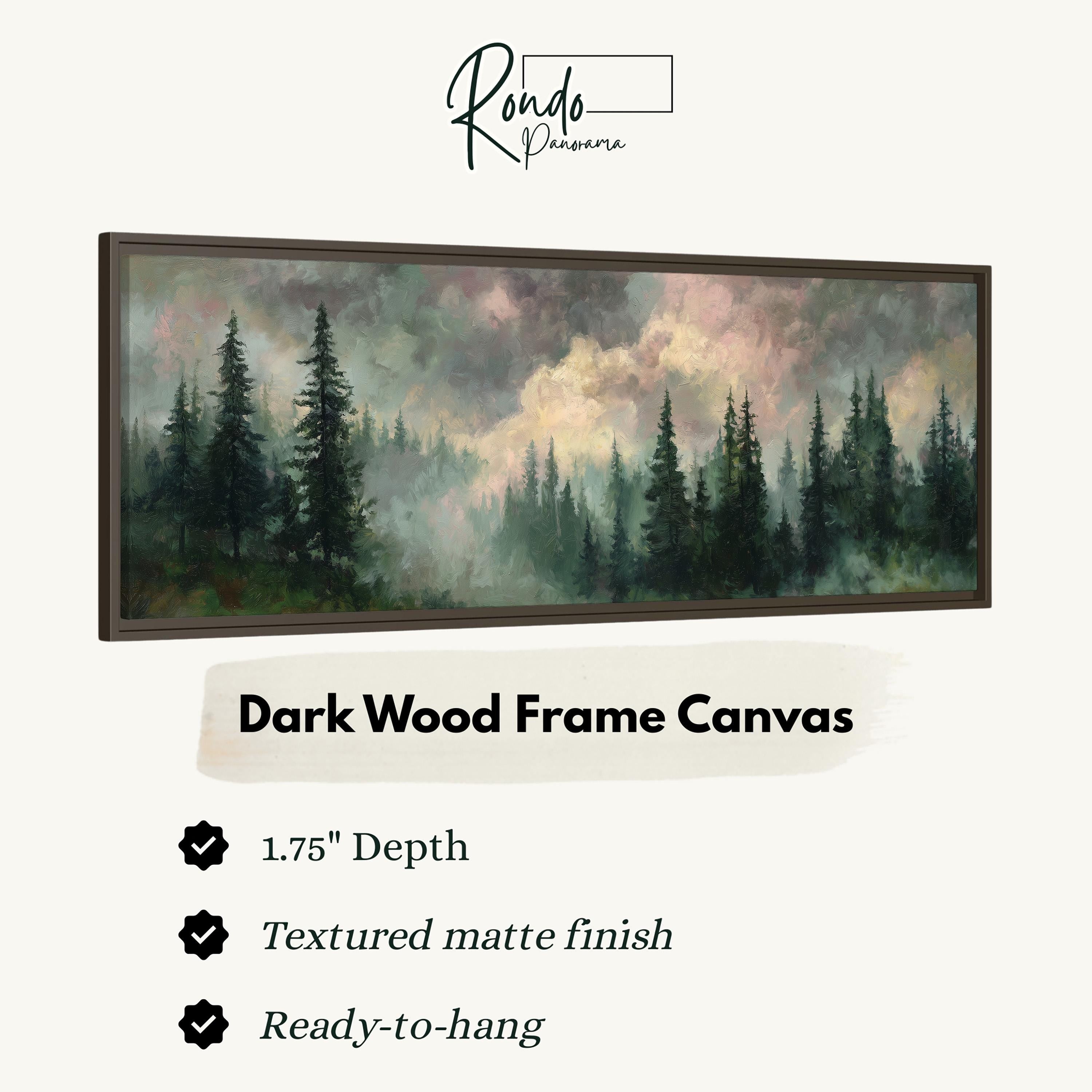 The image is a framed painting depicting a forest scene with tall trees and a misty, hazy atmosphere.