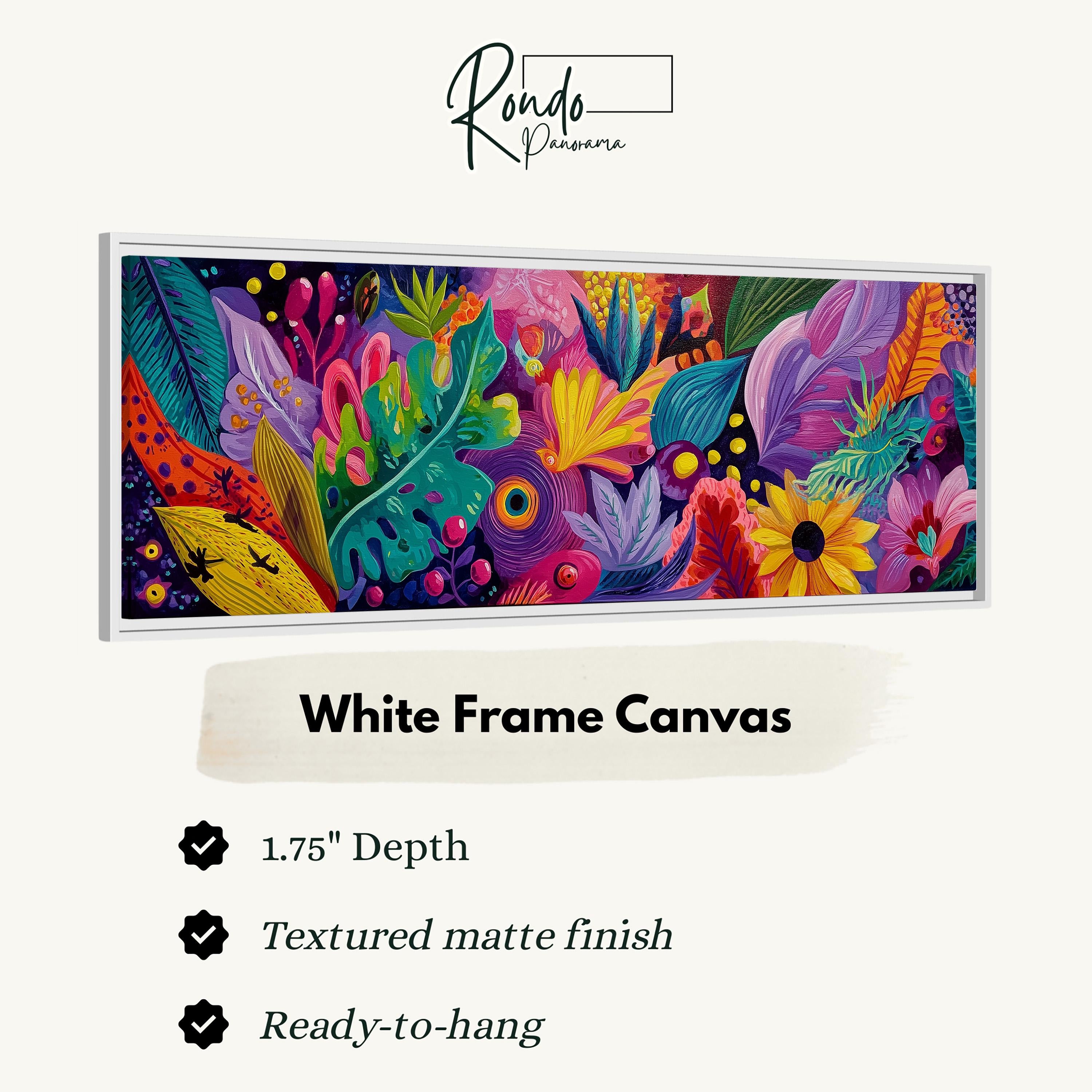 The image is a colorful, vibrant painting of various flowers and foliage, displayed in a white frame.