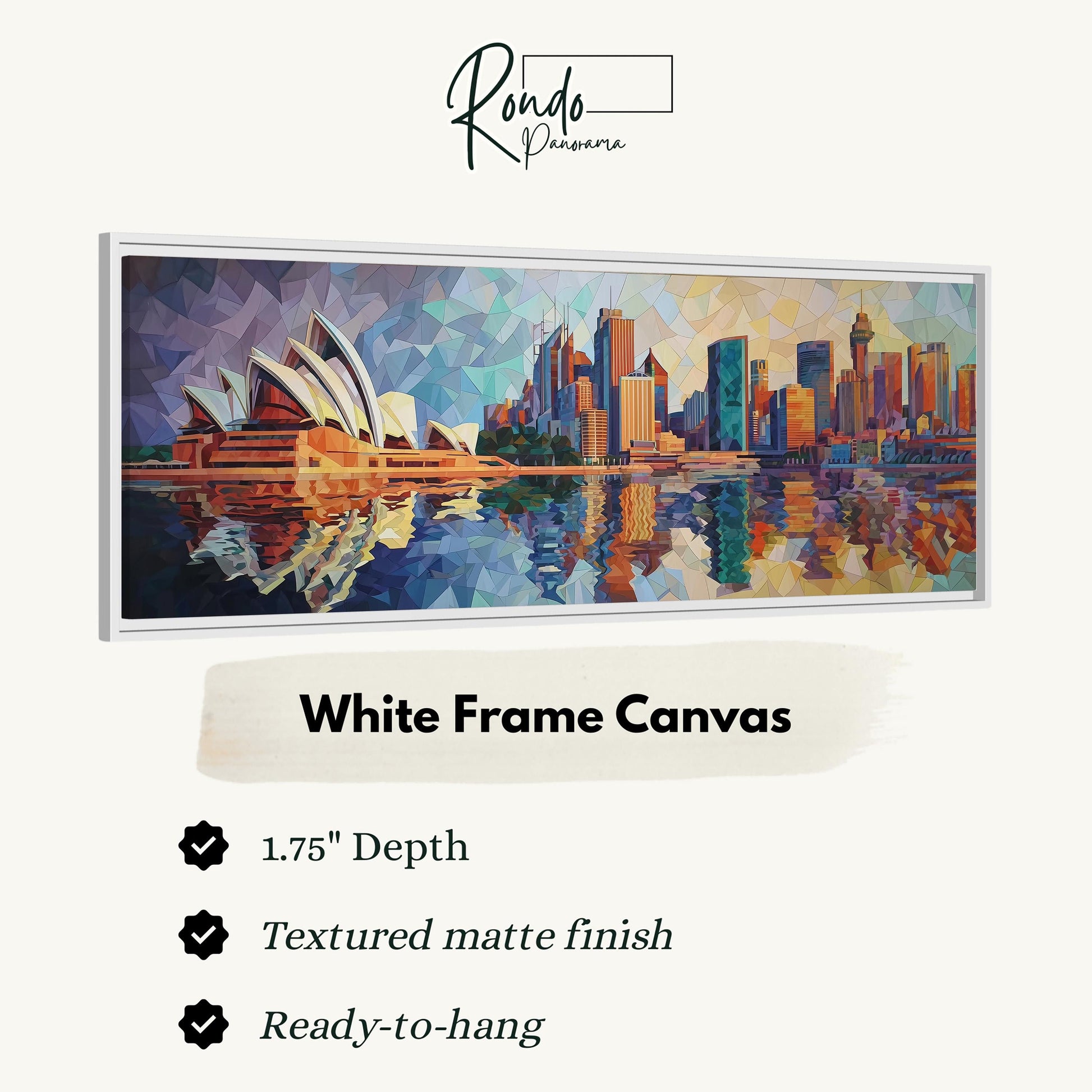 The image is a white frame canvas depicting the Sydney Opera House and the city skyline of Sydney, Australia.