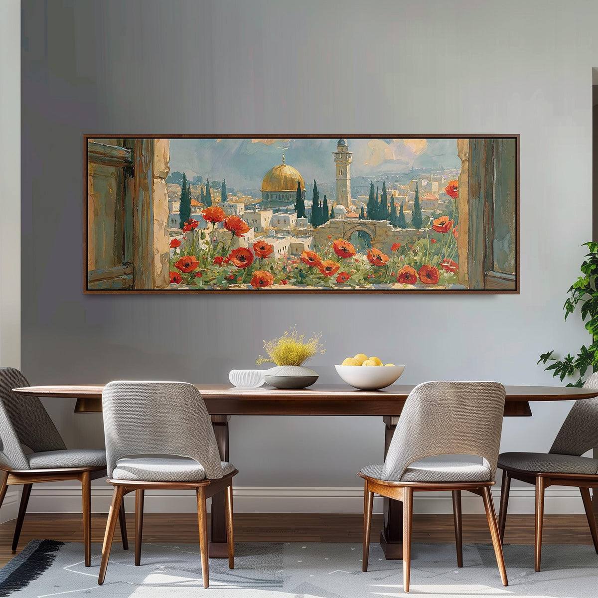 Jerusalem skyline through a window with poppies long horizontal canvas print above a dining table