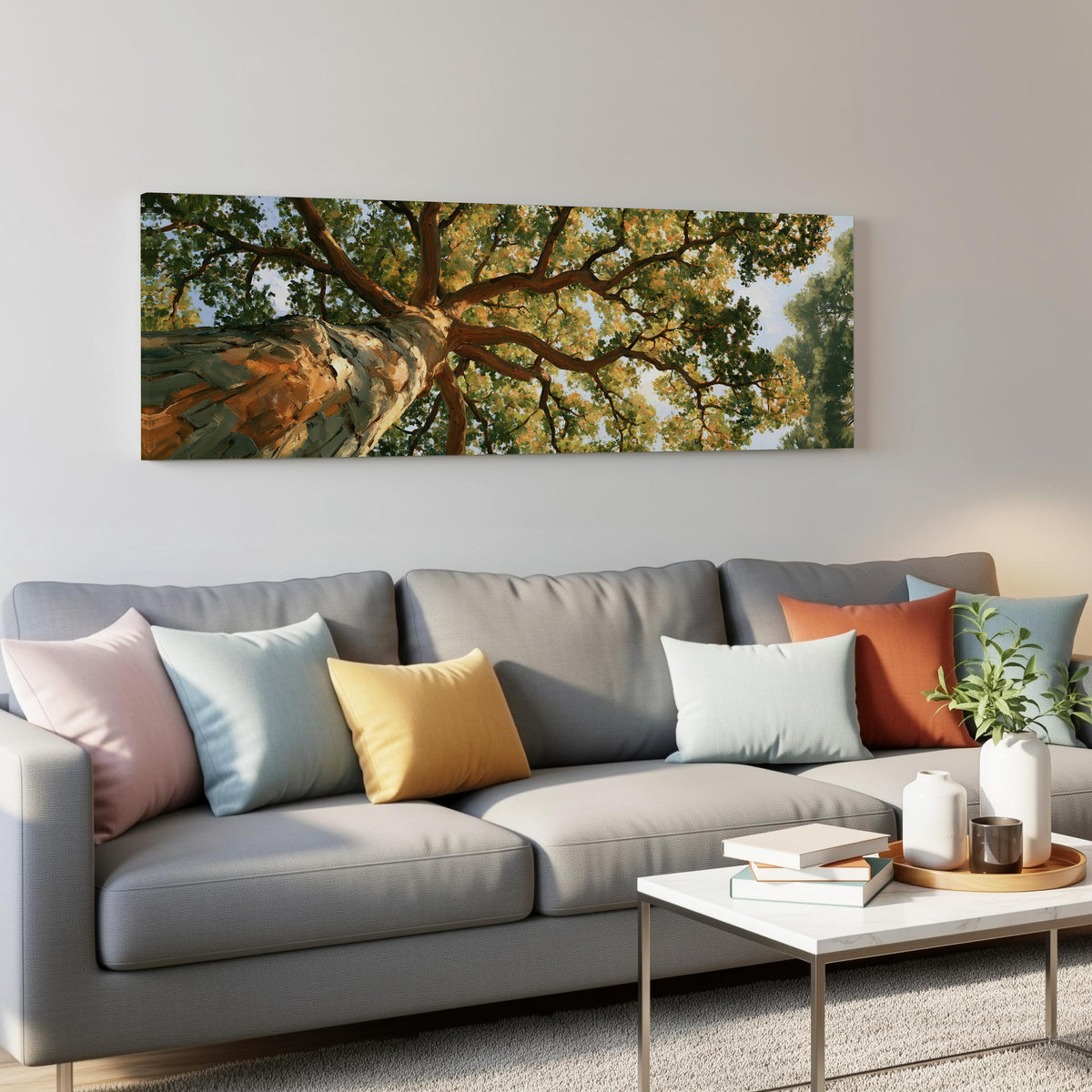 Autumn oak canopy seen from below panoramic canvas print above a grey sofa in a living room
