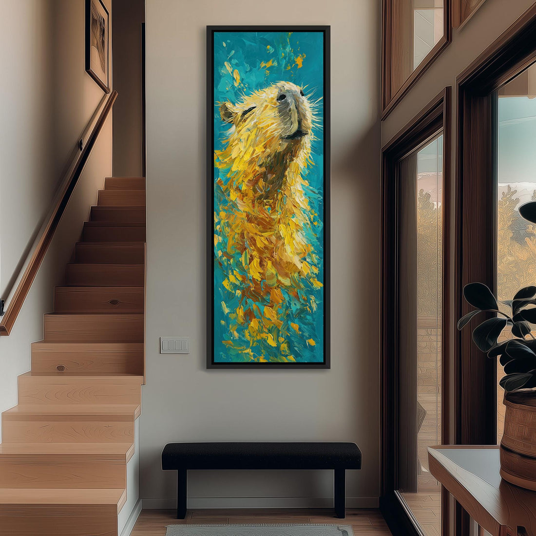 a large, vibrant painting of a beaver's head hanging on a wall in a room with a wooden cabinet and a vase of flowers.