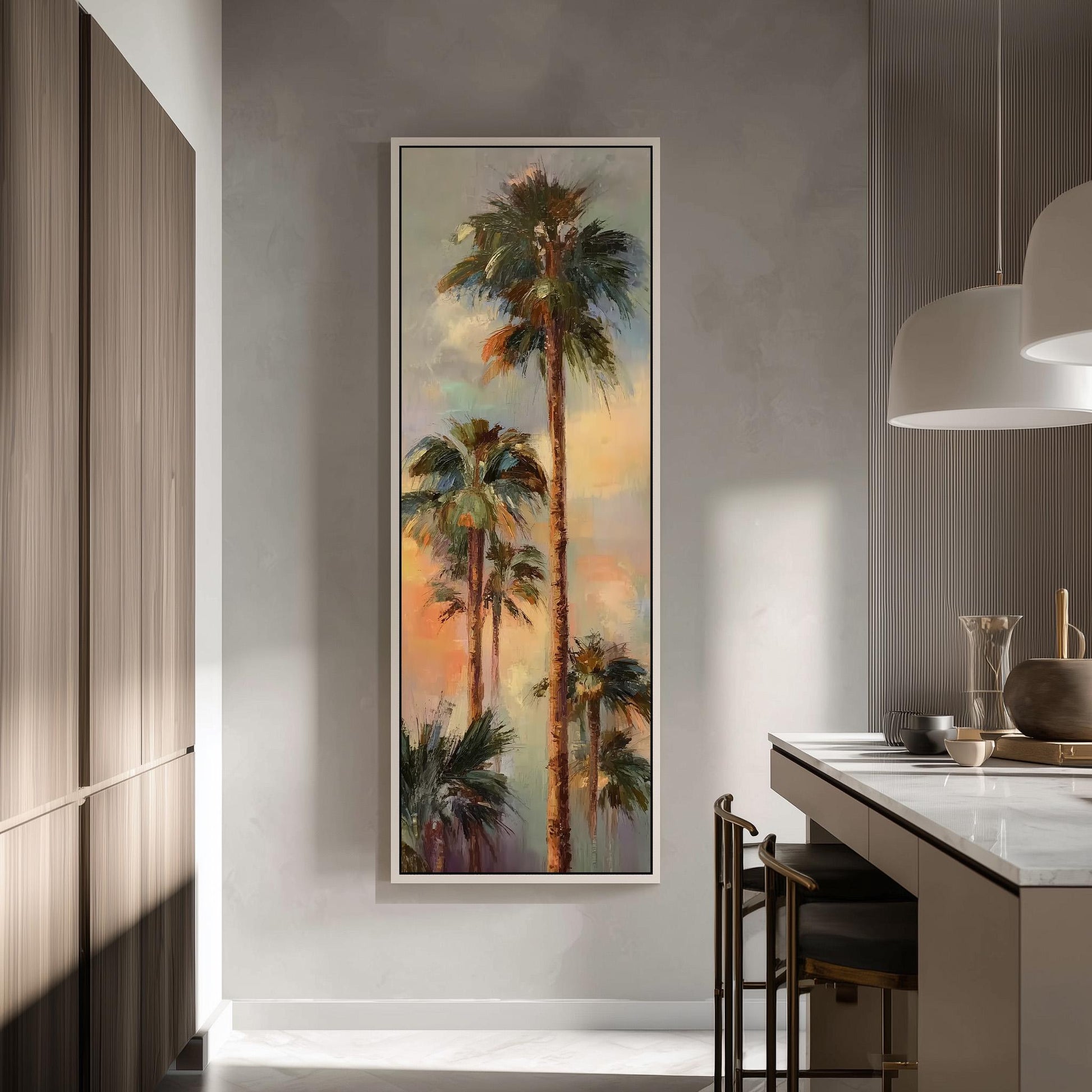 a large painting of palm trees hanging on a wall in a modern kitchen.