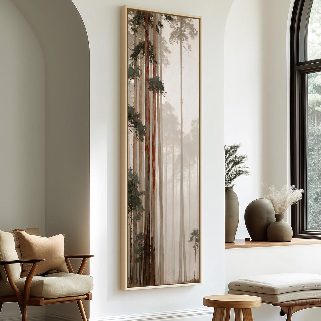 Redwood trunks in fog long vertical canvas print in a sunlit living space