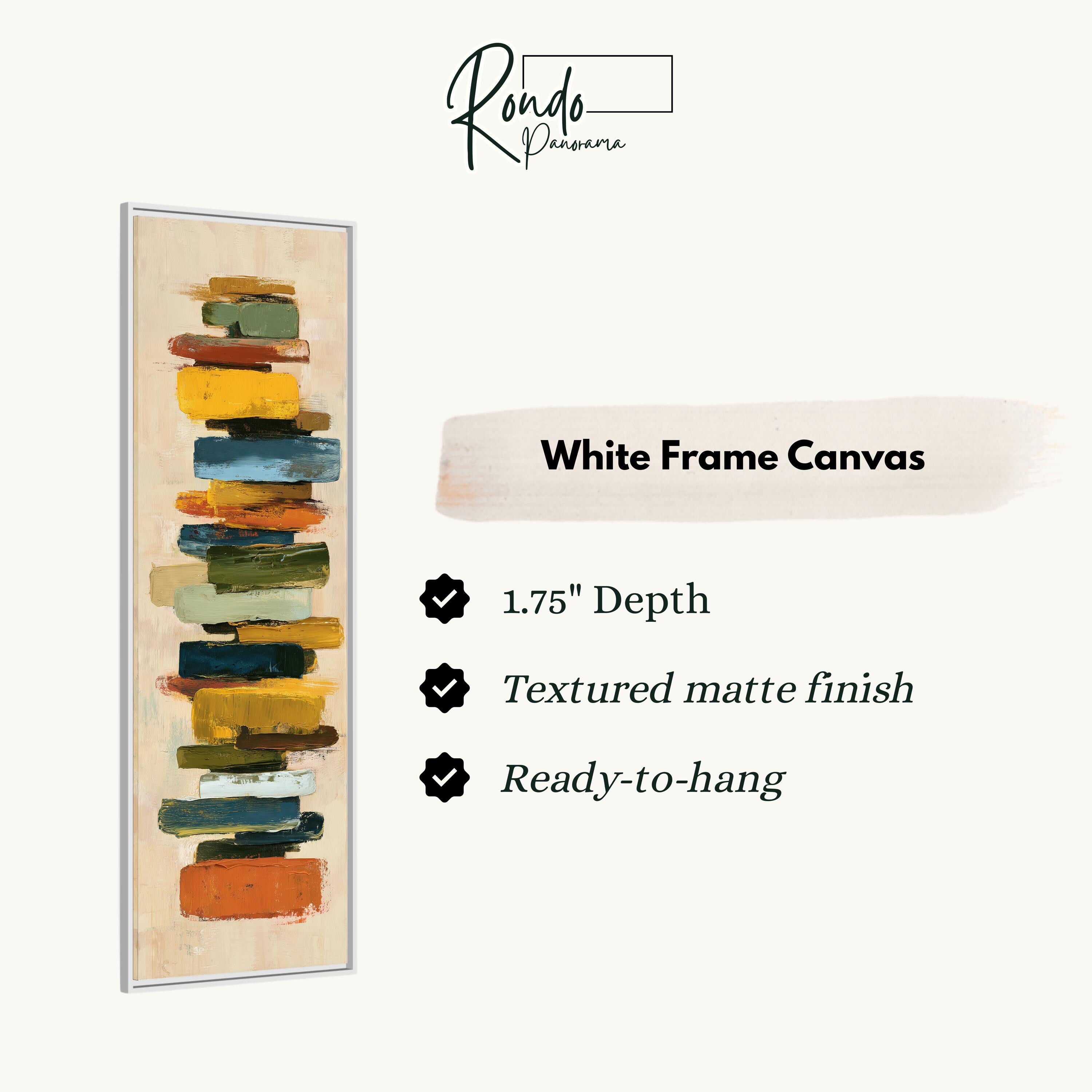 The image is a product description for a white frame canvas. It features a vertical stack of colorful blocks, with a text box providing details about the product.
