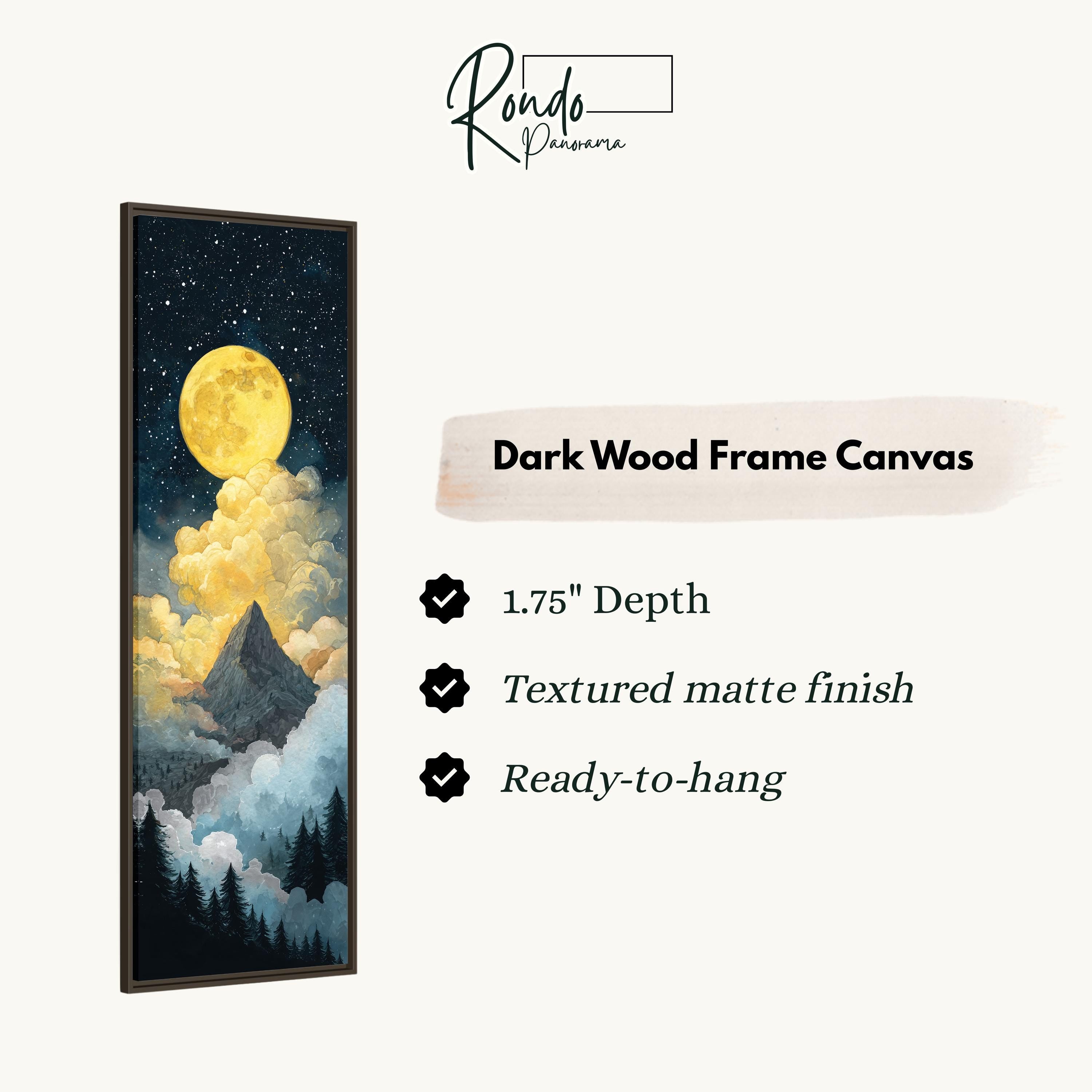 The image is a dark wood frame canvas depicting a night sky with a large, bright yellow moon and clouds.