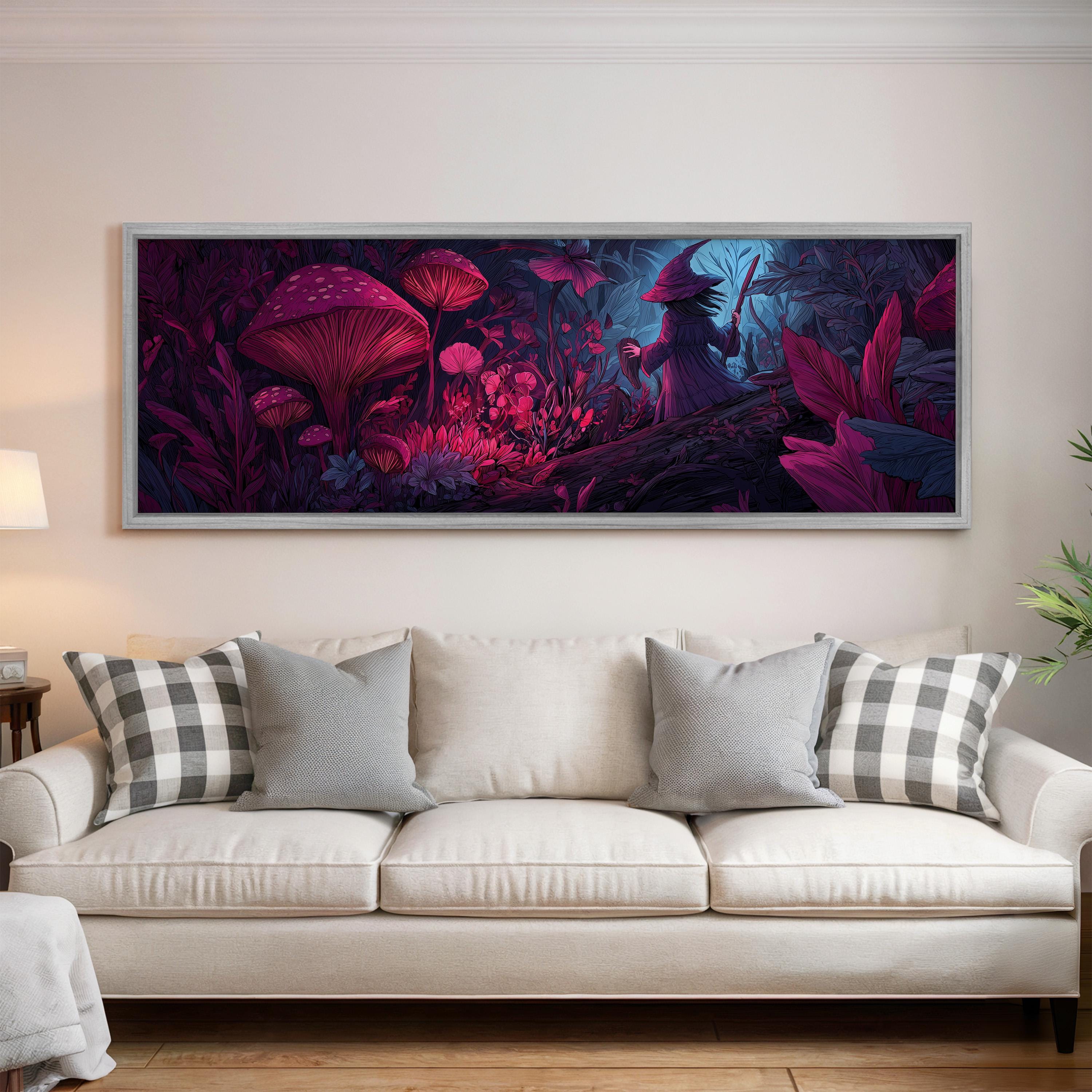 a large, colorful painting of a fantastical forest scene hanging on a wall above a white couch in a living room.