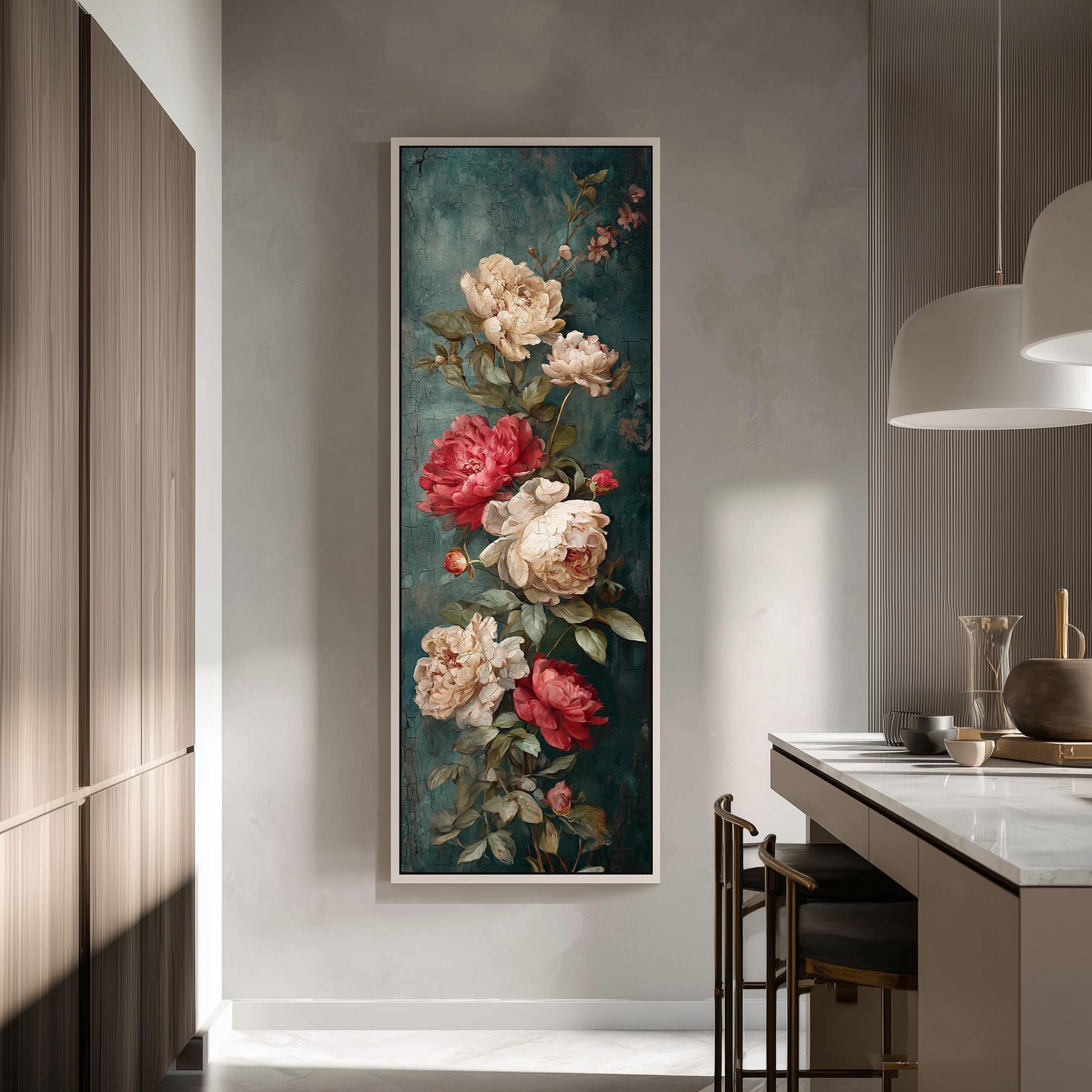 a large framed painting of a floral arrangement hanging on a wall in a modern kitchen.