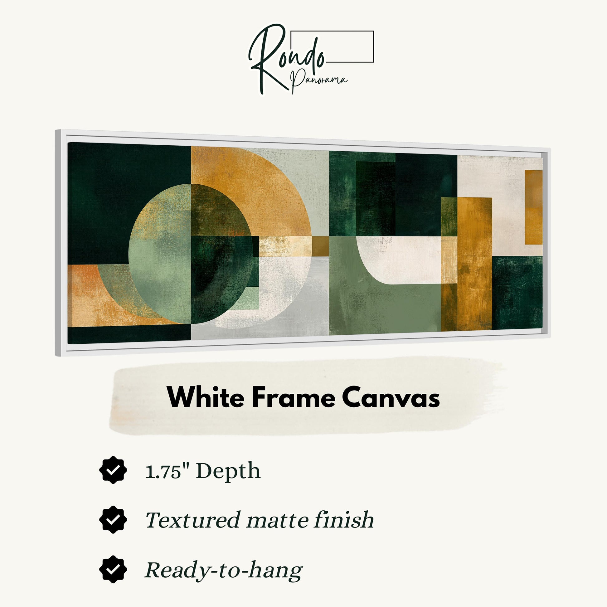 The image is a framed artwork with a white frame, featuring a geometric abstract design in shades of green, orange, and gray.