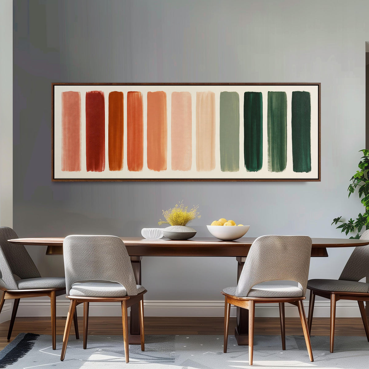 Brushed swatches from terracotta to forest green long horizontal canvas print above a dining table