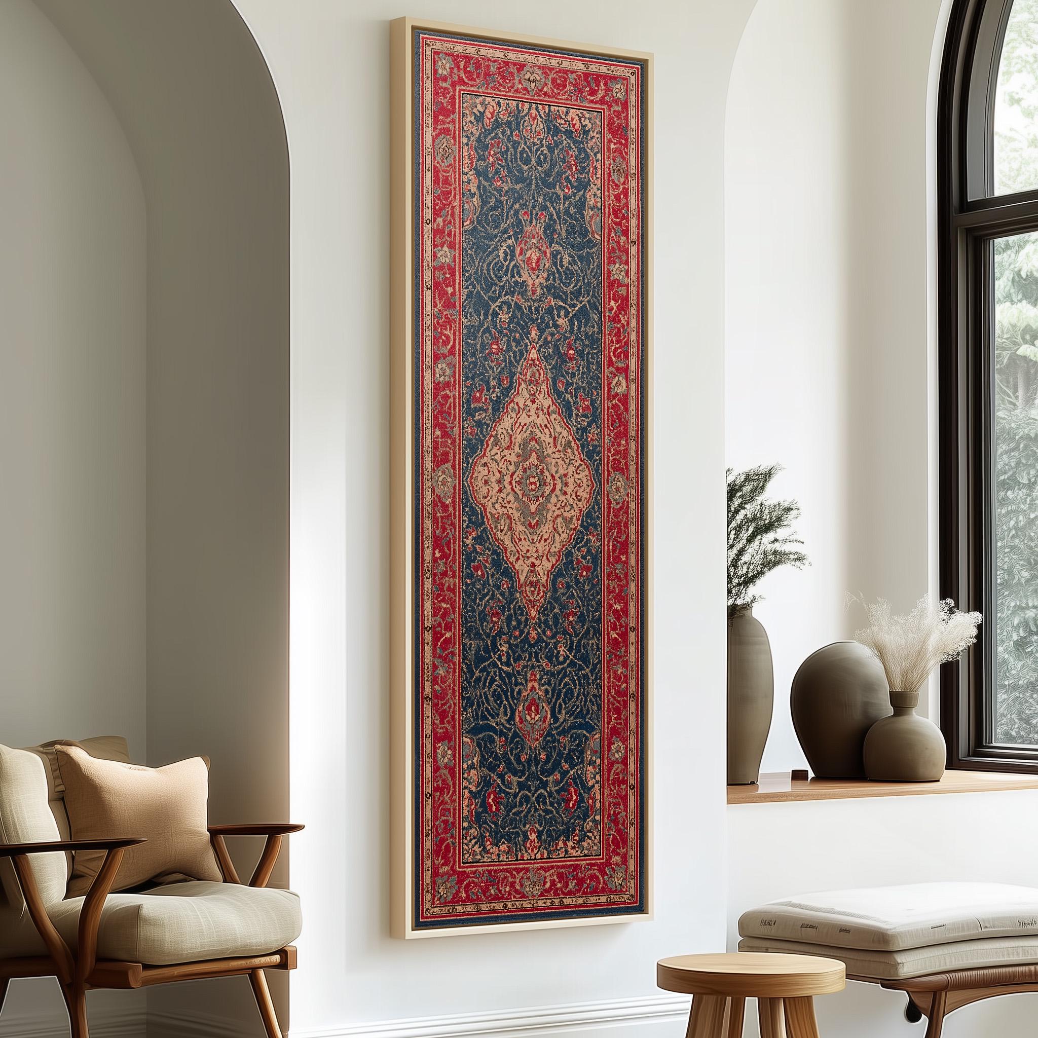 a large, colorful rug hanging on a white wall, with a wooden chair and a small table in the foreground.