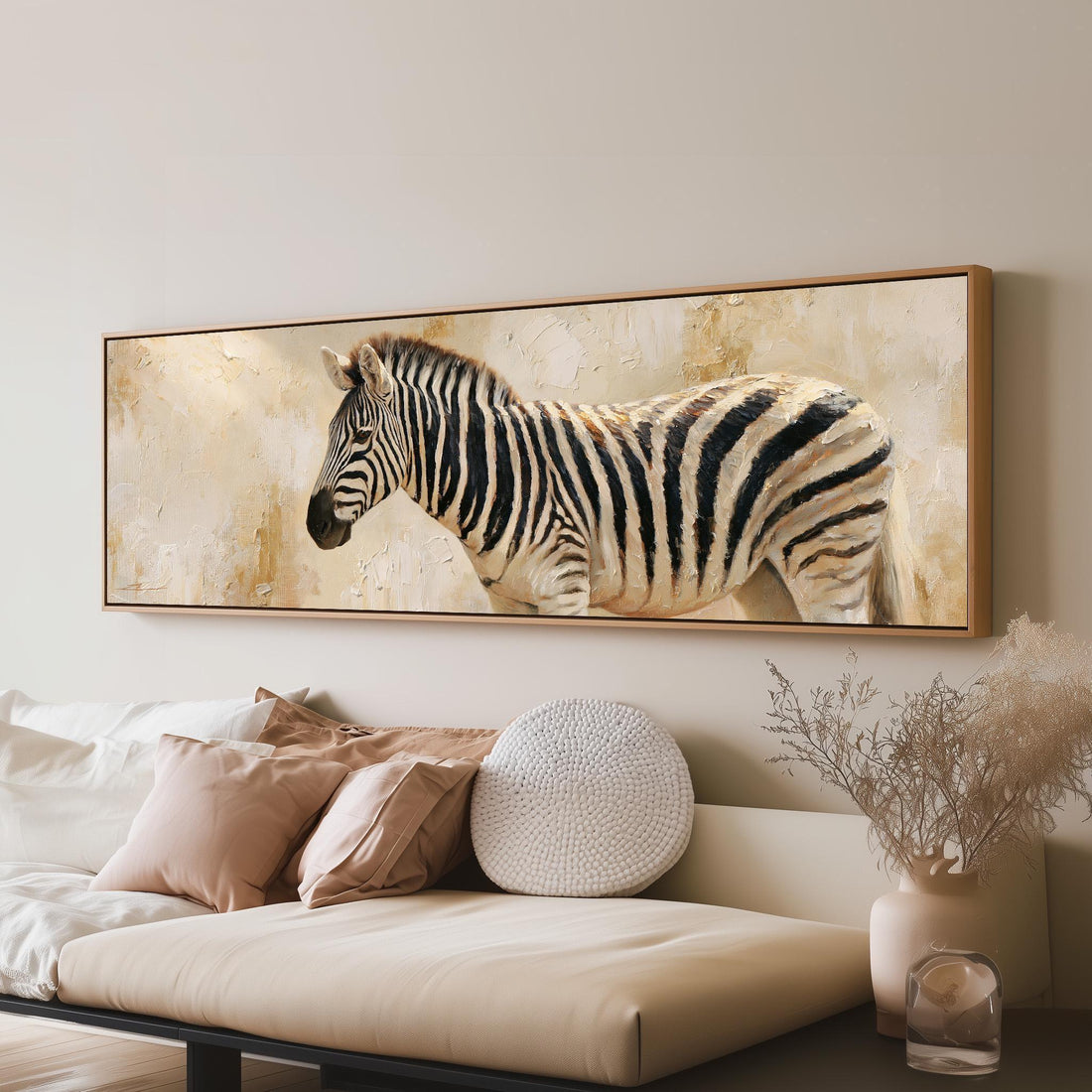 Zebra on a sandy textured background long horizontal canvas print above a sofa in a living room