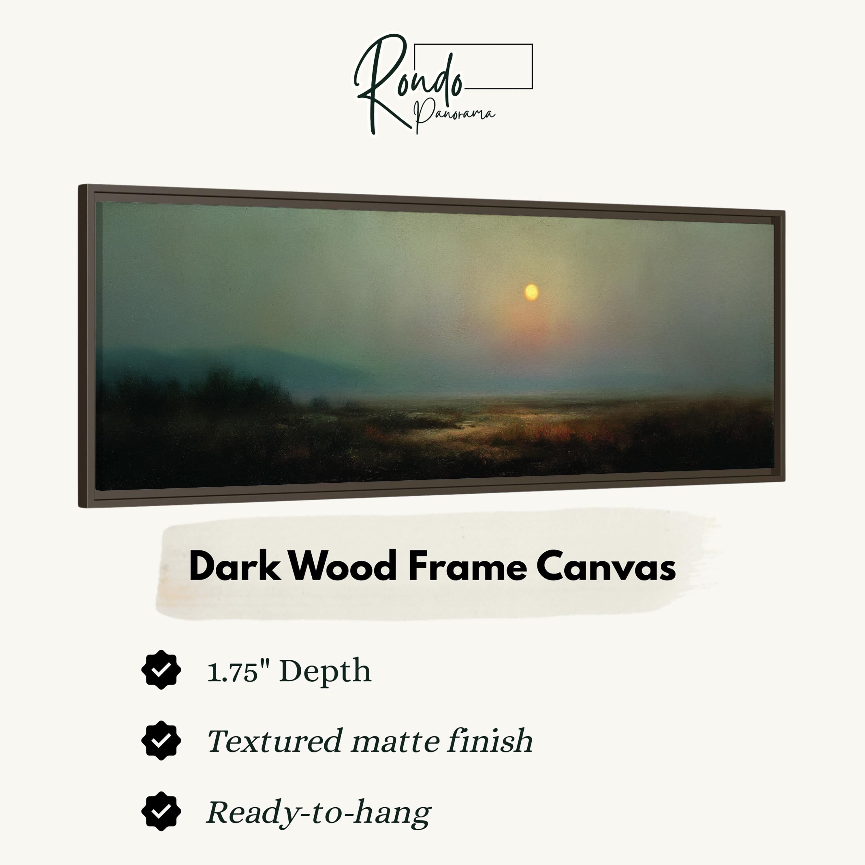 The image is a dark wood frame canvas depicting a landscape with a sunset over a field.