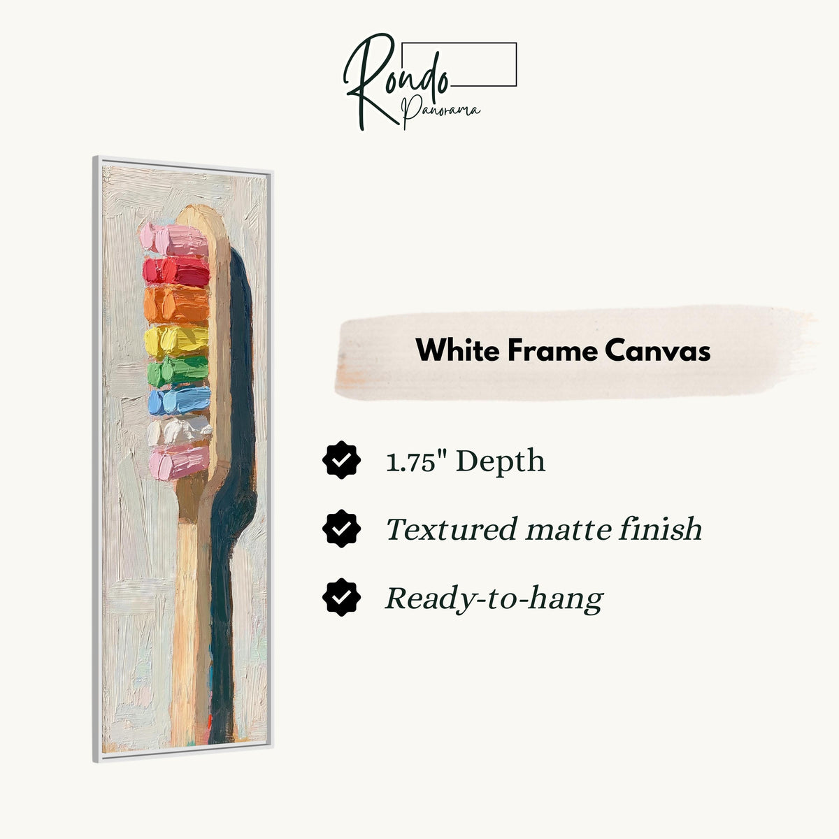 Toothbrush with rainbow toothpaste canvas print in a white floating frame