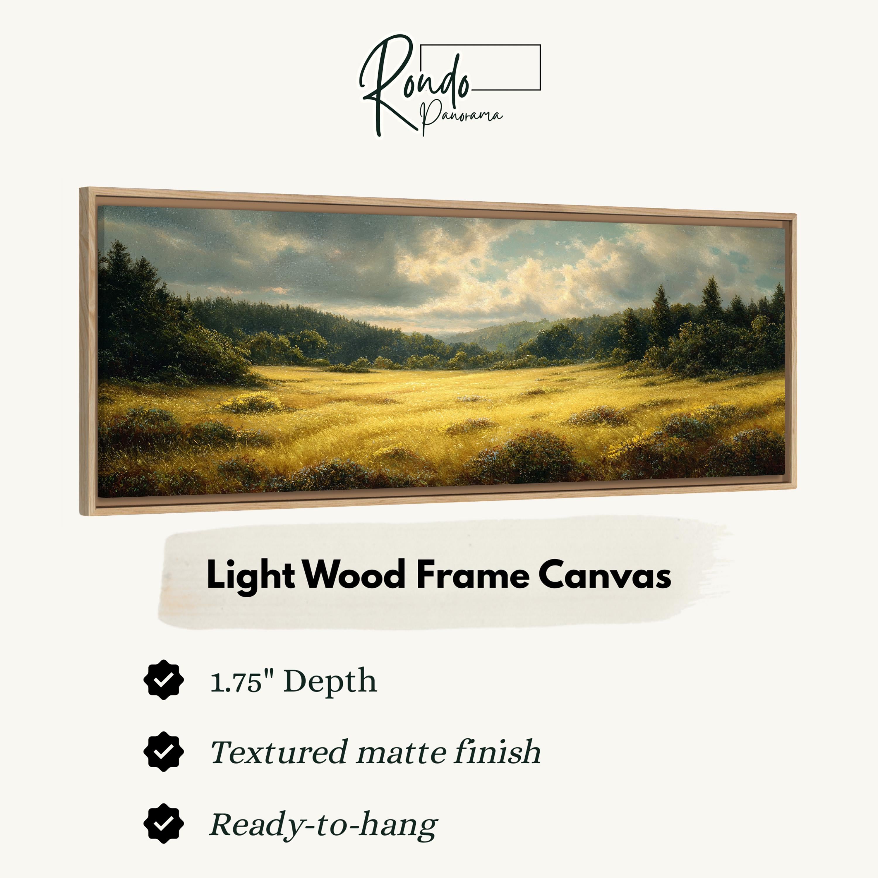The image is a framed painting of a countryside landscape with a field of flowers and trees.