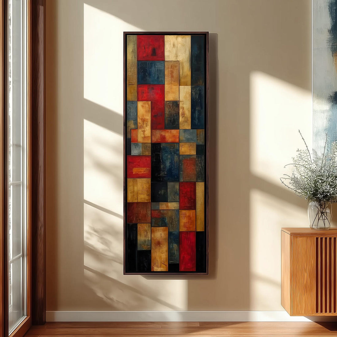 a modern and minimalist interior design with a large abstract painting hanging on the wall above a black bench. The painting consists of various geometric shapes in different colors, creating a vibrant and dynamic visual display. The room also includes a staircase, a potted plant, and a window, contributing to the overall contemporary aesthetic.