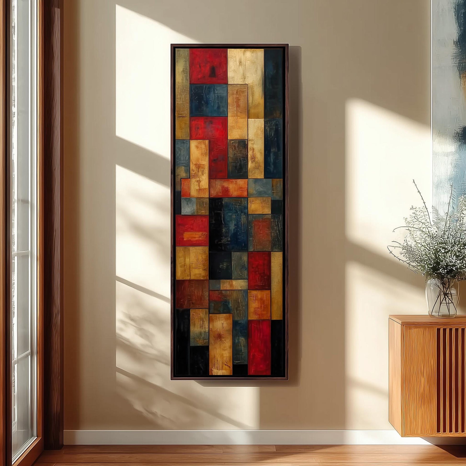 a large, colorful abstract painting hanging on a wall in a room with a wooden floor and a window.